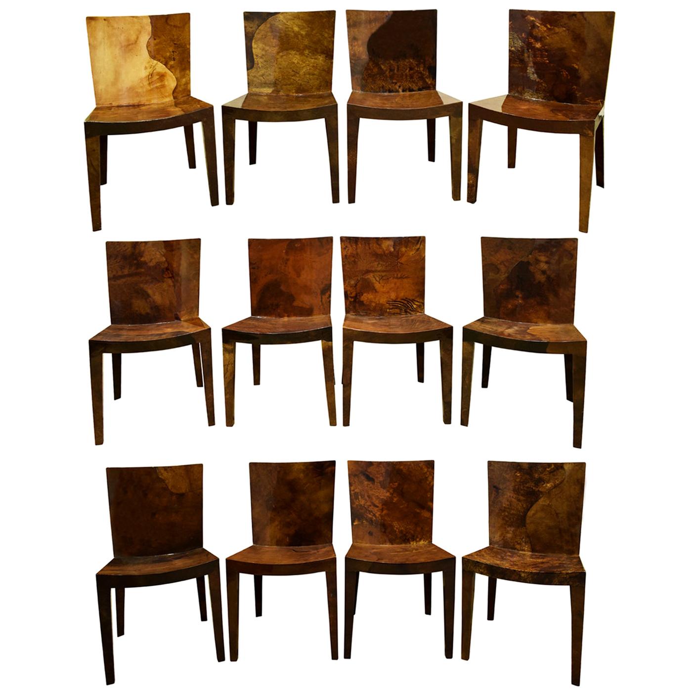 Karl Springer Superb Set of 12 "JMF Dining Chairs" in Lacquered Goatskin, 1980