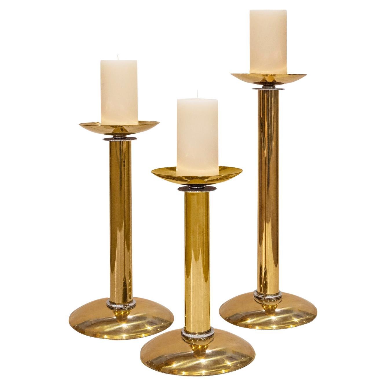 Karl Springer Set of 3 Candle Holders in Brass with Chrome Accents 1980s For Sale