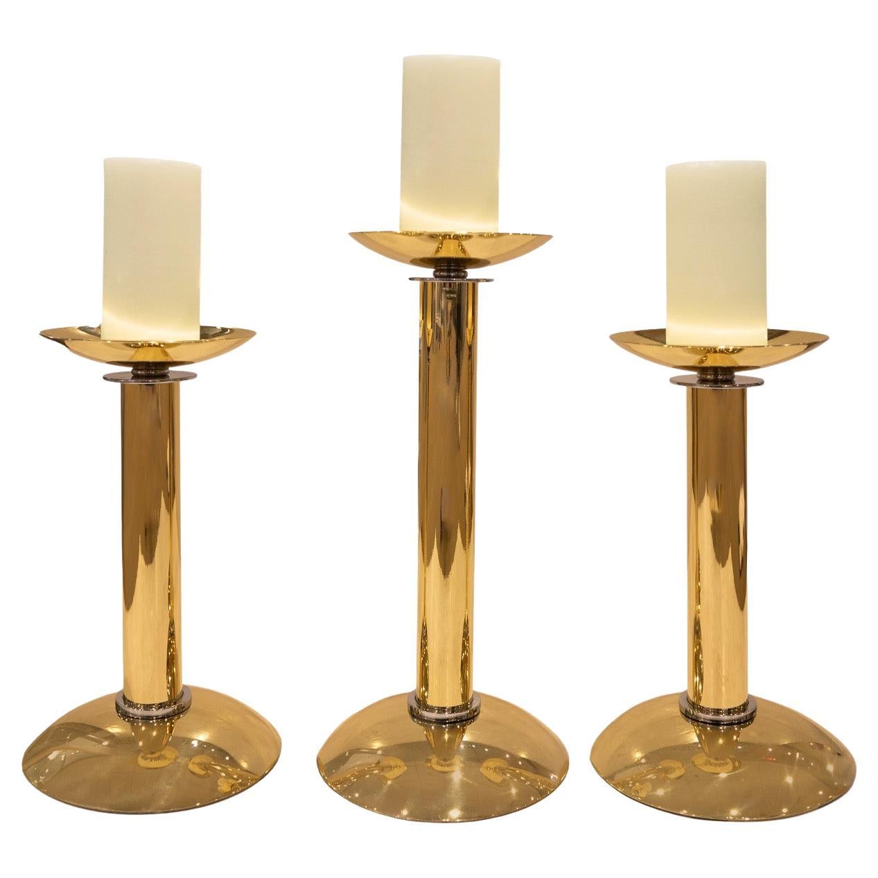 Karl Springer Set di 3 portacandele iconici in ottone e cromo 1984