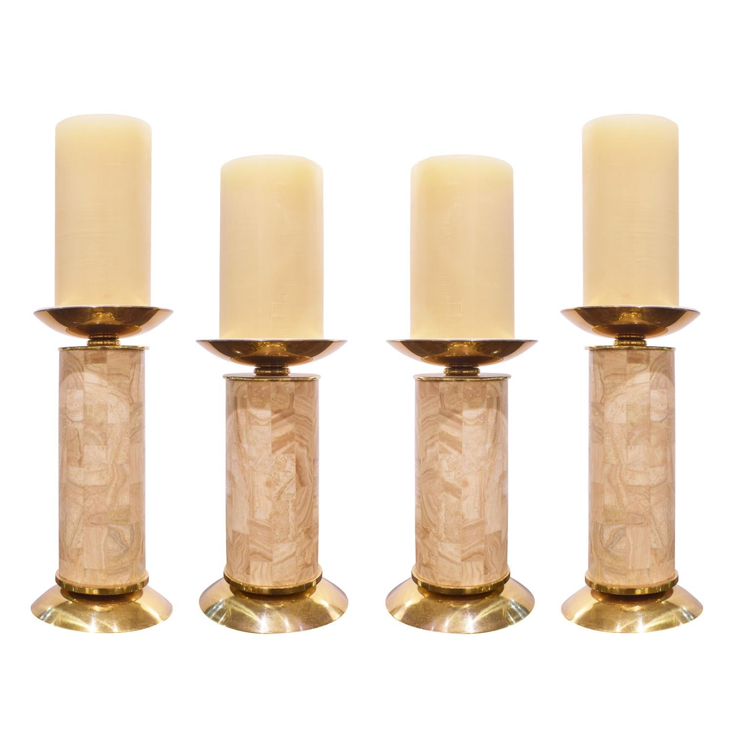 Moderno Karl Springer Set di 4 portacandele in travertino e ottone anni '80