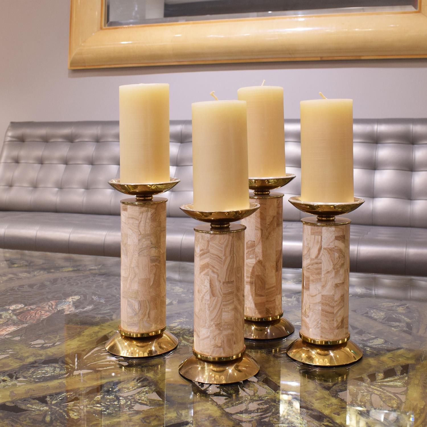 Karl Springer Set of 4 Candle Holders in Travertine and Brass 1980s In Excellent Condition For Sale In New York, NY