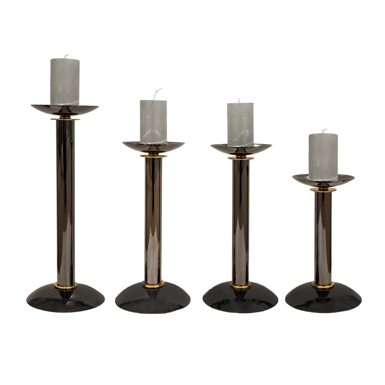 Modern Karl Springer Set of 4 Candleholders in Gunmetal and Brass, 1980s For Sale