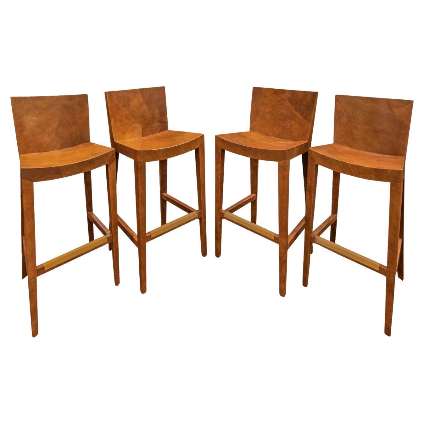 Karl Springer Set of 4 "J.M.F. Barstools" in Brown Leather 1986 'Signed & Dated'