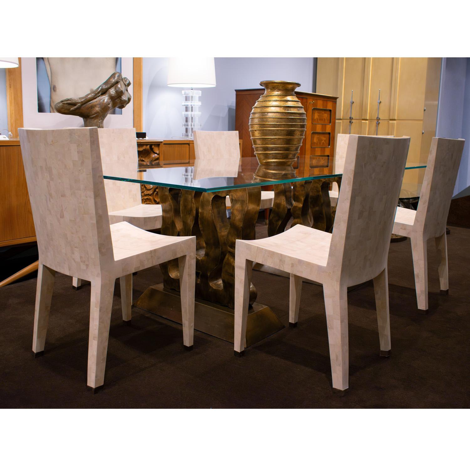 Late 20th Century Karl Springer Set of 6 Dining Chairs in Tessellated Fossilized Coral 1980s
