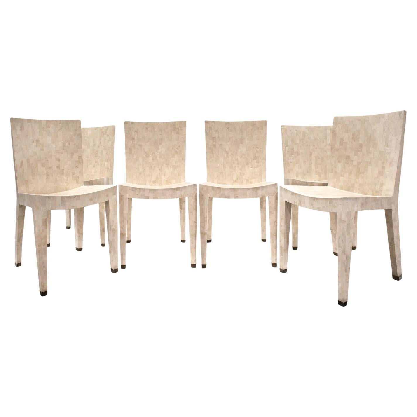 Karl Springer Set of 6 Dining Chairs in Tessellated Fossilized Coral 1980s