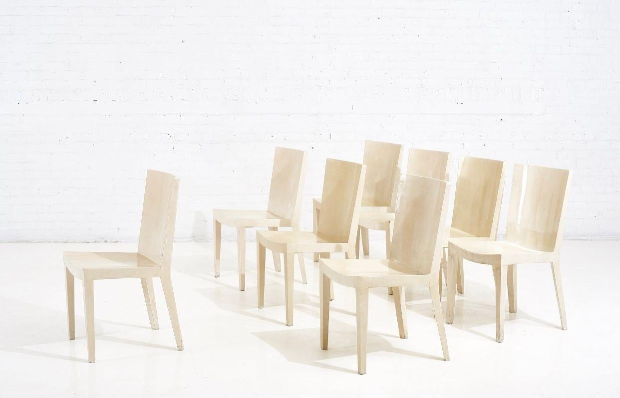 Karl Springer Set of 8 Goatskin JMF Dining Chairs, 1980 In Good Condition In Chicago, IL