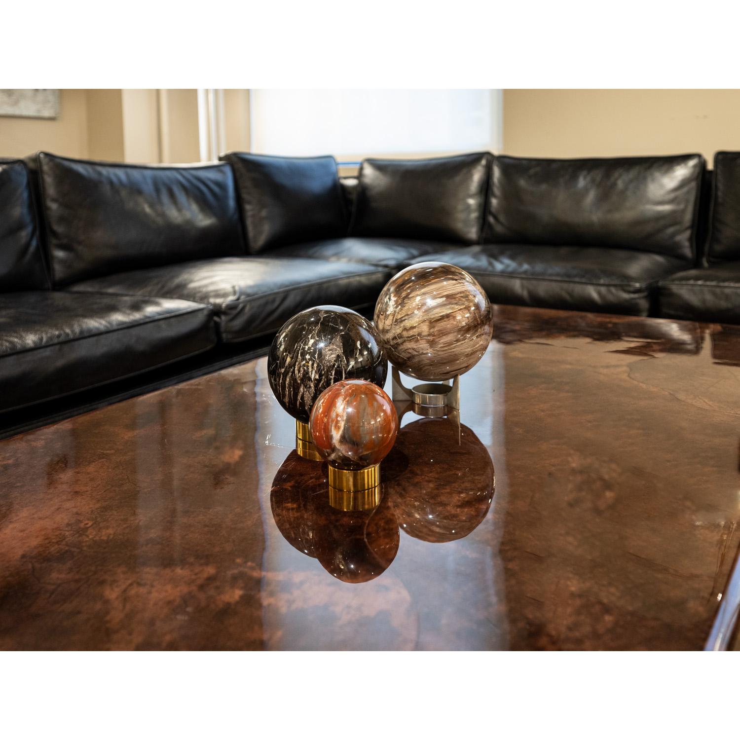 Karl Springer Set of Stunning Polished Petrified Wood Orbs on Custom Bases 1980s For Sale 4