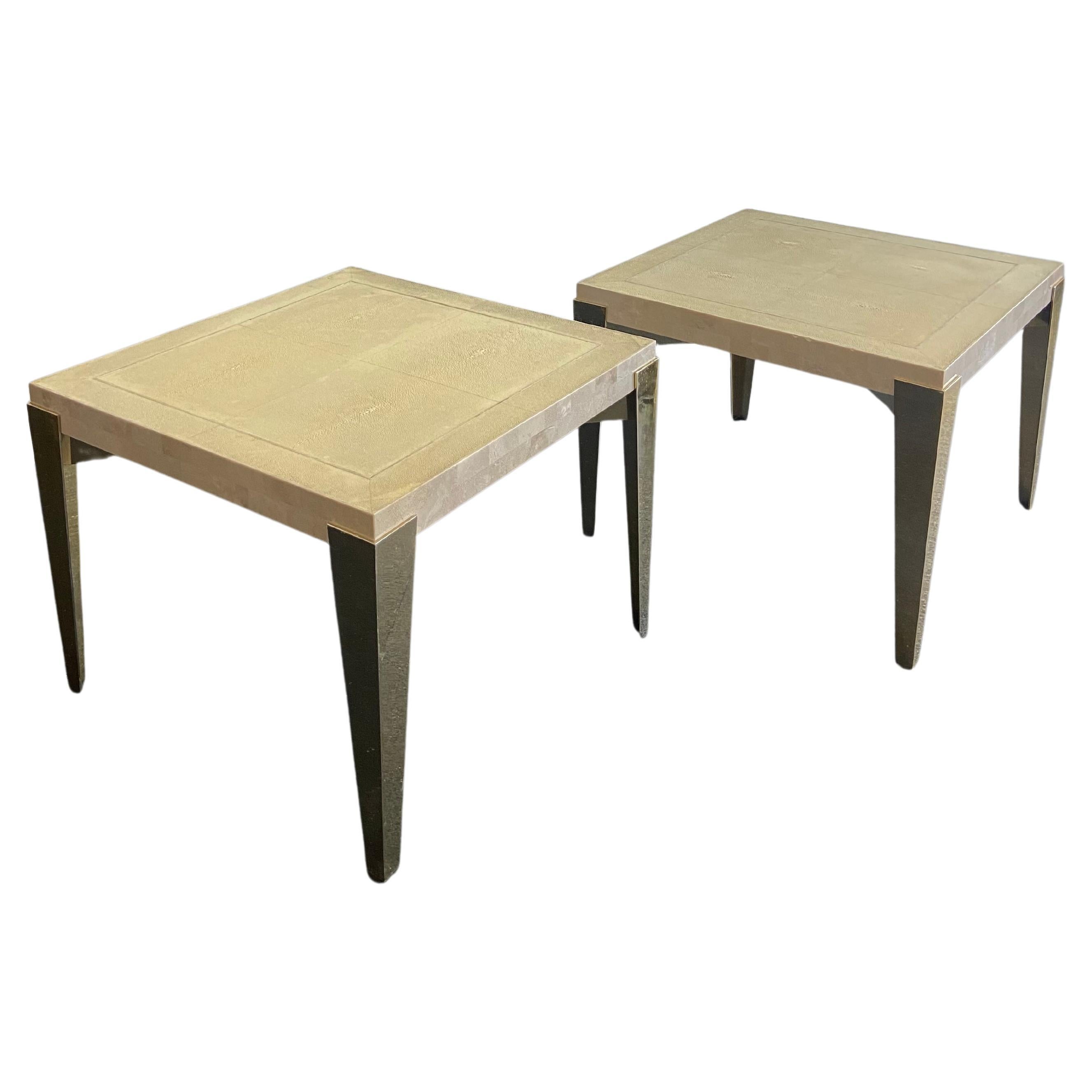 Karl Springer Shagreen, Stone and Anodized Aluminum Side Tables - a Pair For Sale