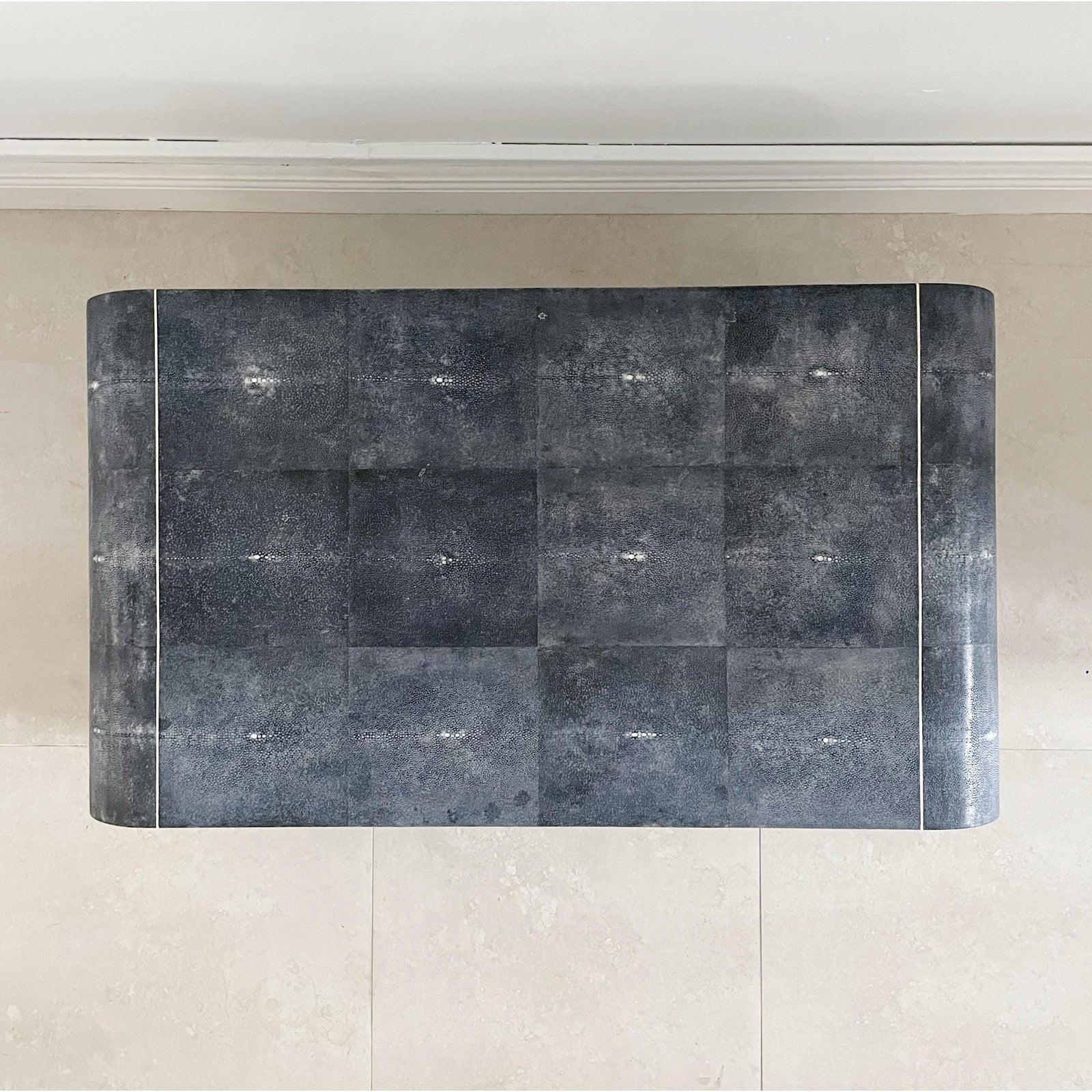 Waterfall coffee table in natural shagreen with ivorine inlay by Karl Springer, Karl Springer LTD. The color is a charcoal grey with a slight blue hue. Signed on metal plaque on underside.