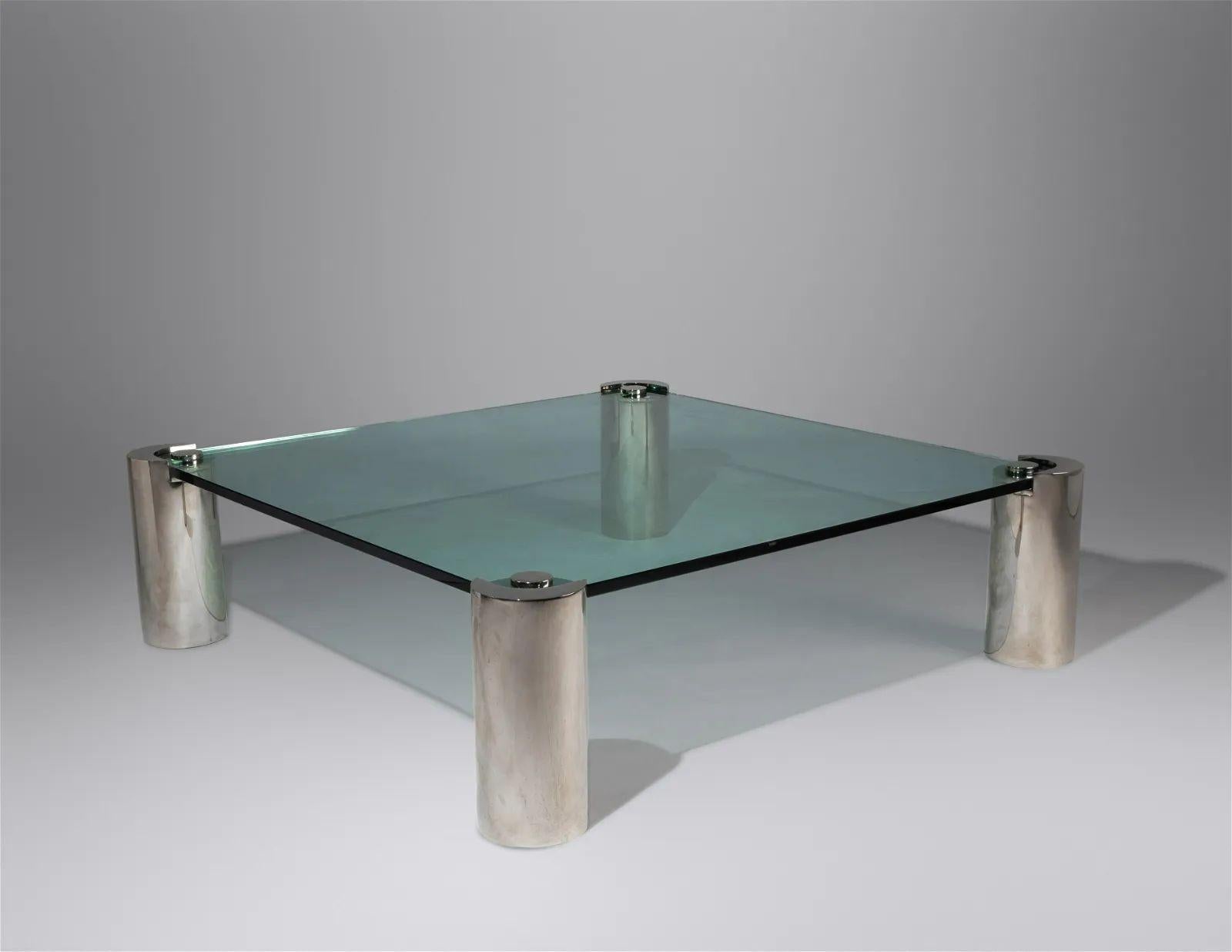 Karl Springer, grande table basse moderne du milieu du siècle, chrome, verre, années 1980