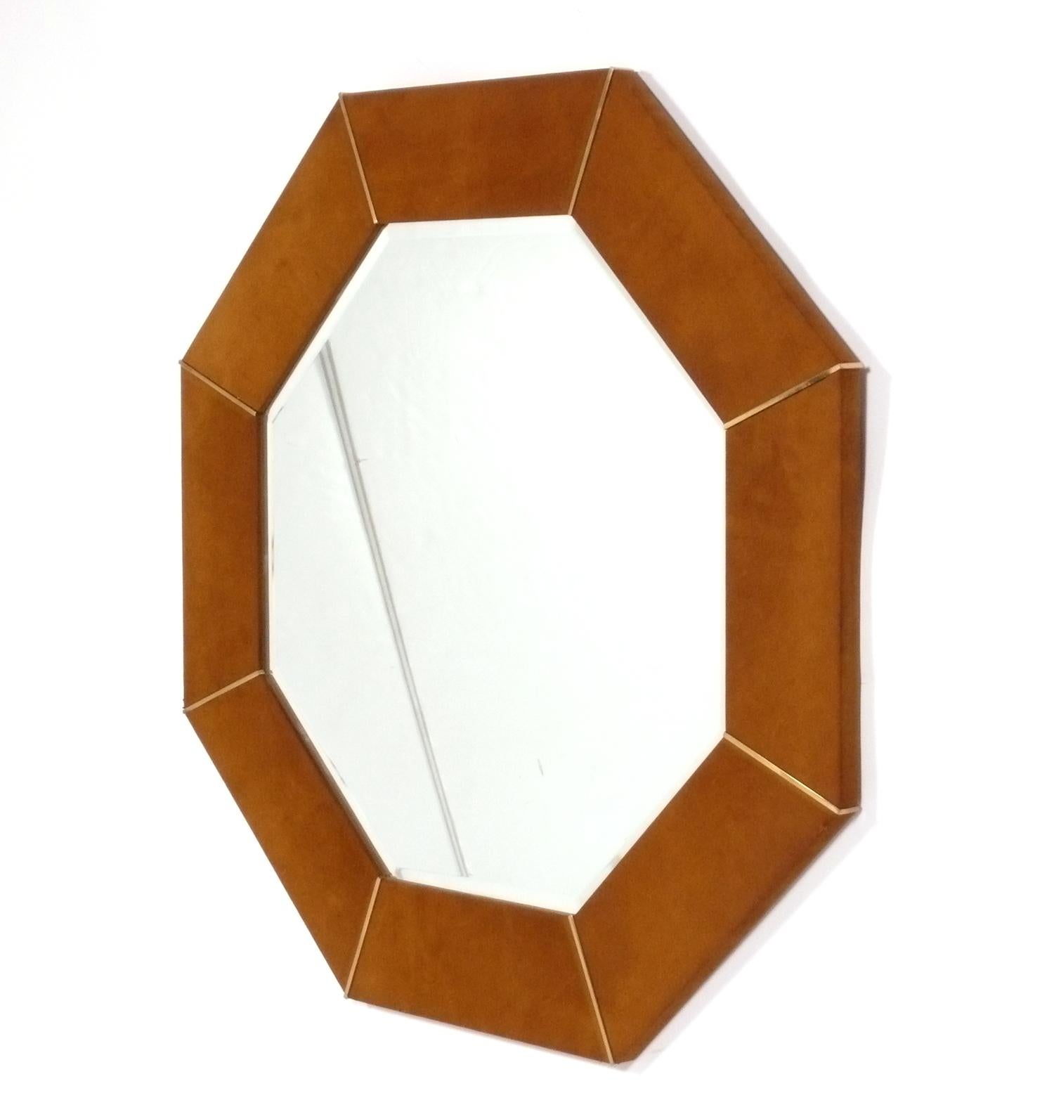 Mid-Century Modern Karl Springer Signed Cognac Suede Leather Octagonal Mirror For Sale