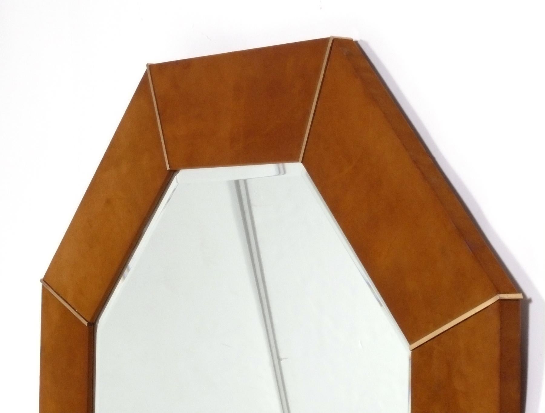 American Karl Springer Signed Cognac Suede Leather Octagonal Mirror For Sale