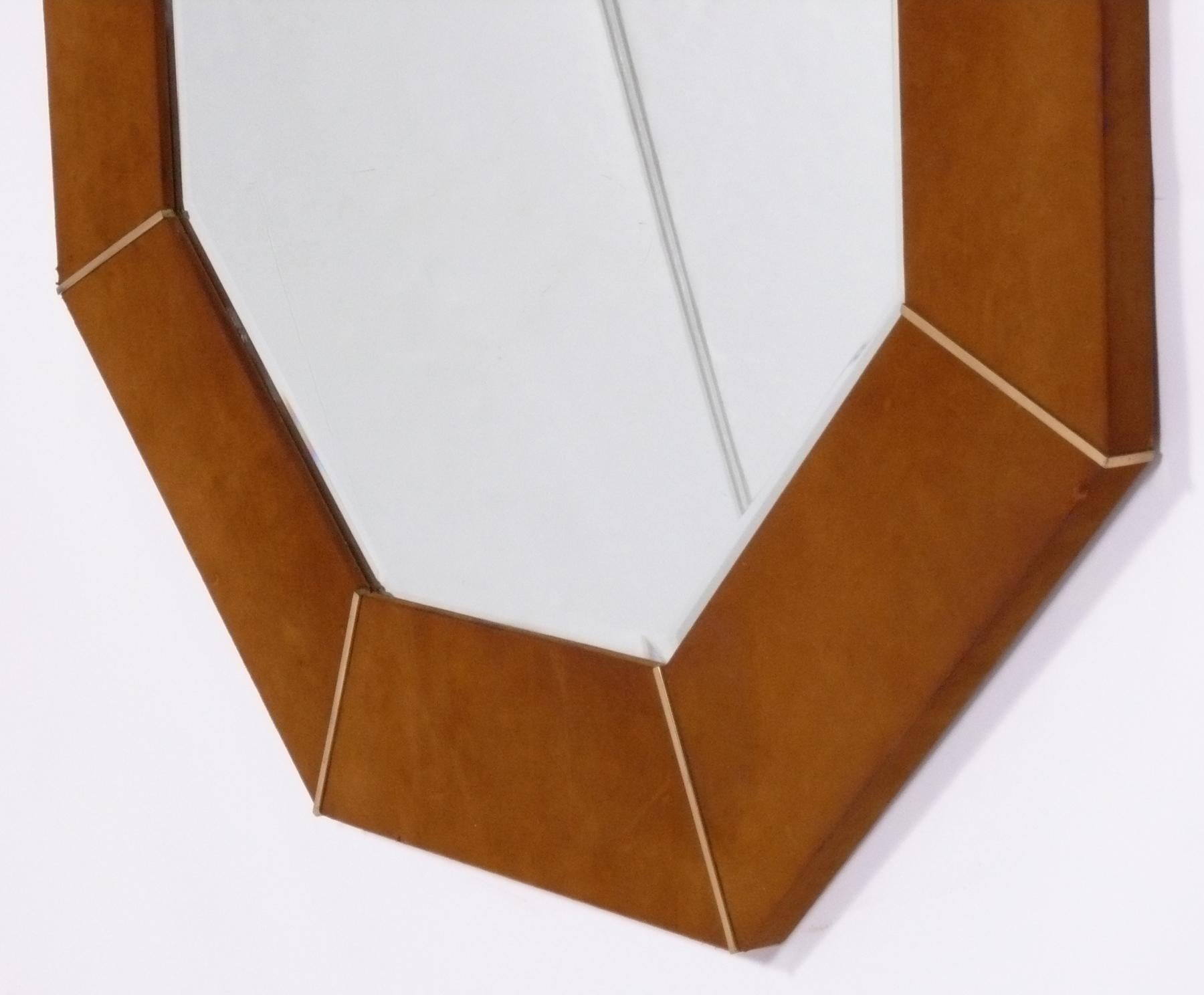 Karl Springer Signed Cognac Suede Leather Octagonal Mirror In Good Condition For Sale In Atlanta, GA