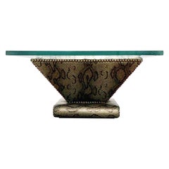 Karl Springer Snake-Textured Leather and Bronze Regency Modern Cocktail Table