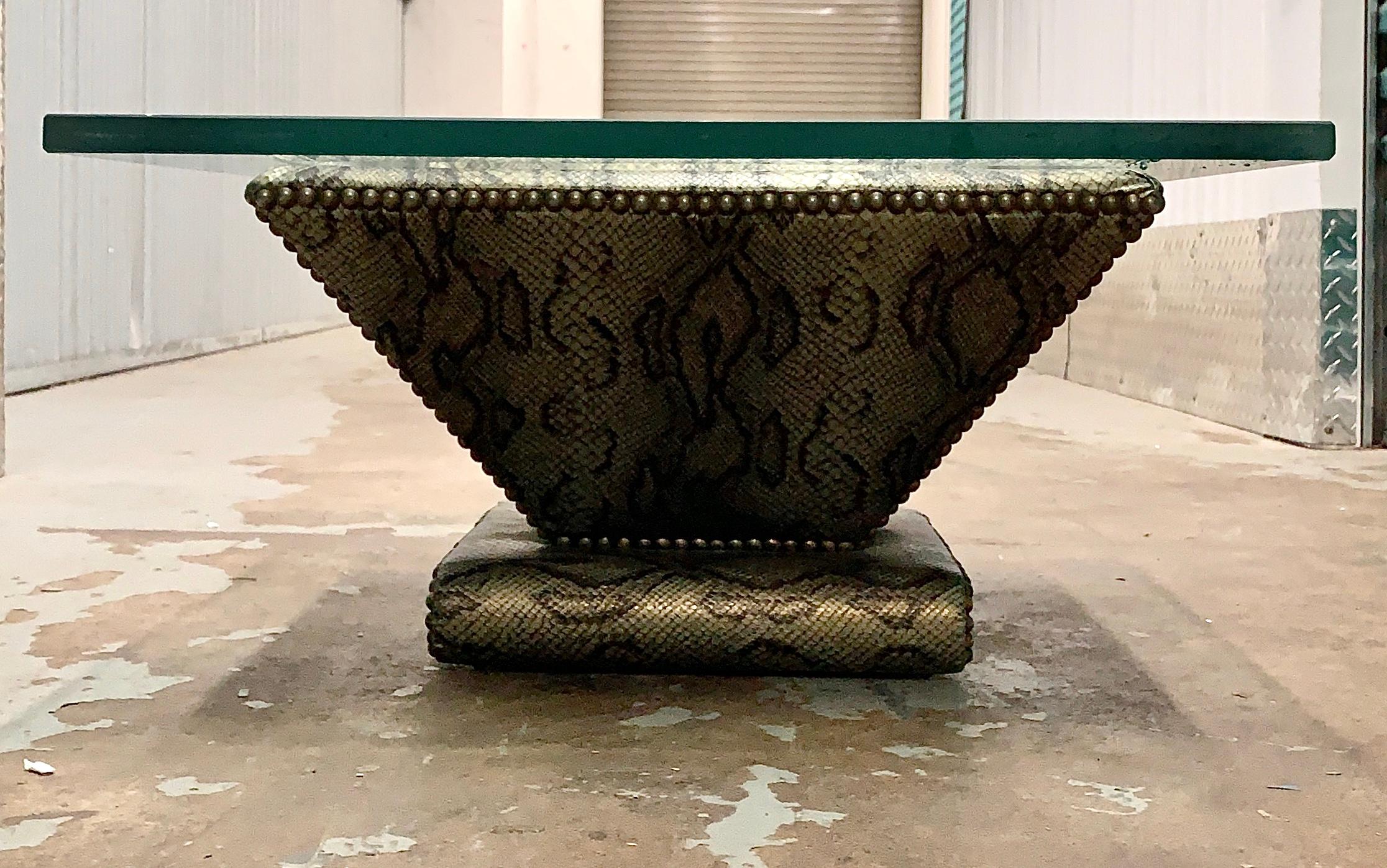 20th Century Karl Springer Snake-Textured Leather and Bronze Regency Modern Cocktail Table For Sale