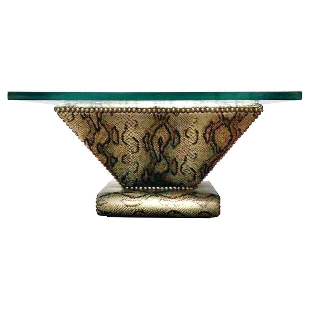 Karl Springer Snake-Textured Leather and Bronze Regency Modern Cocktail Table For Sale