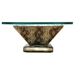 Karl Springer Snake-Textured Leather and Bronze Regency Modern Cocktail Table