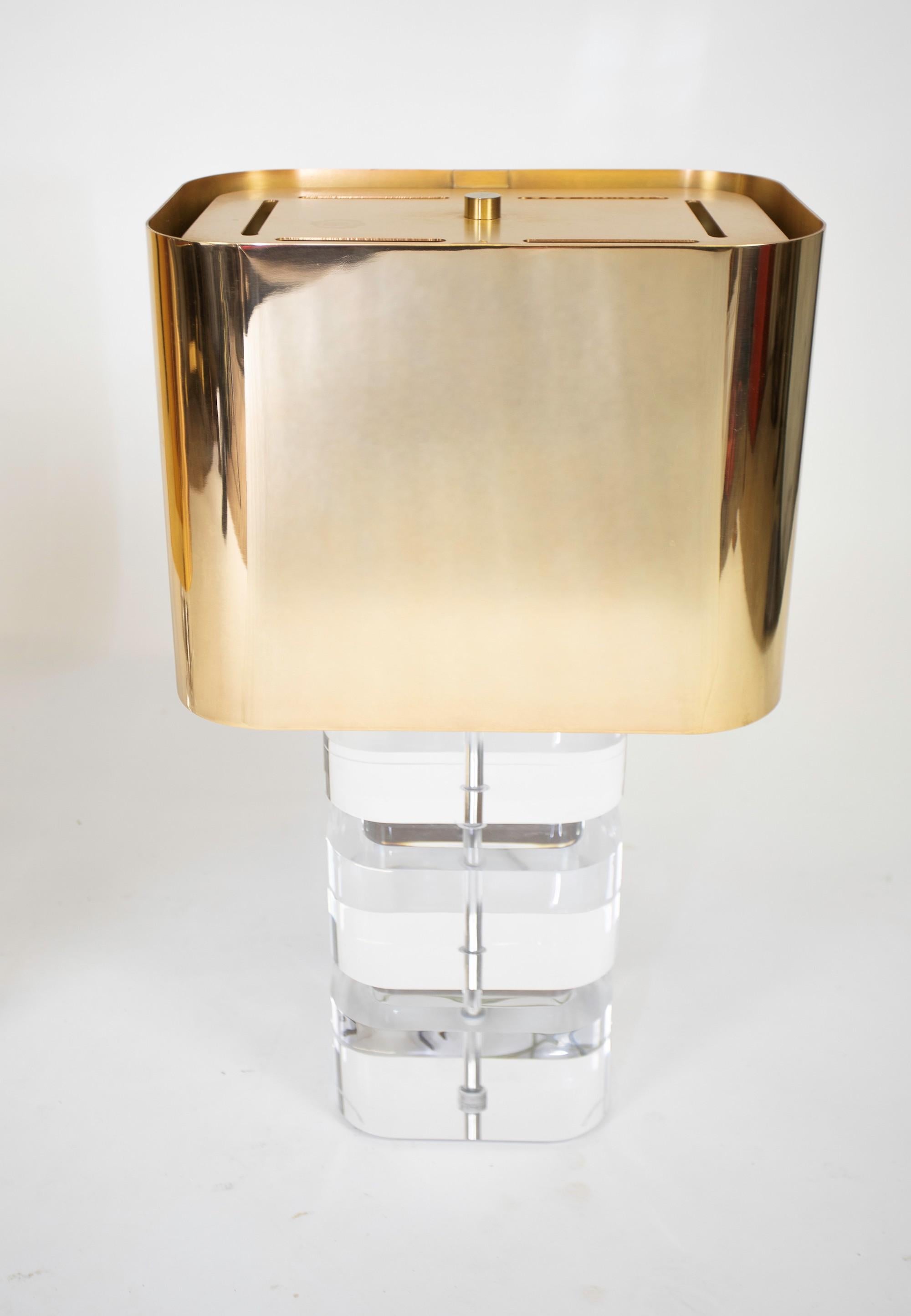 North American Karl Springer Stacked- Lucite Table Lamps Metal Shades
