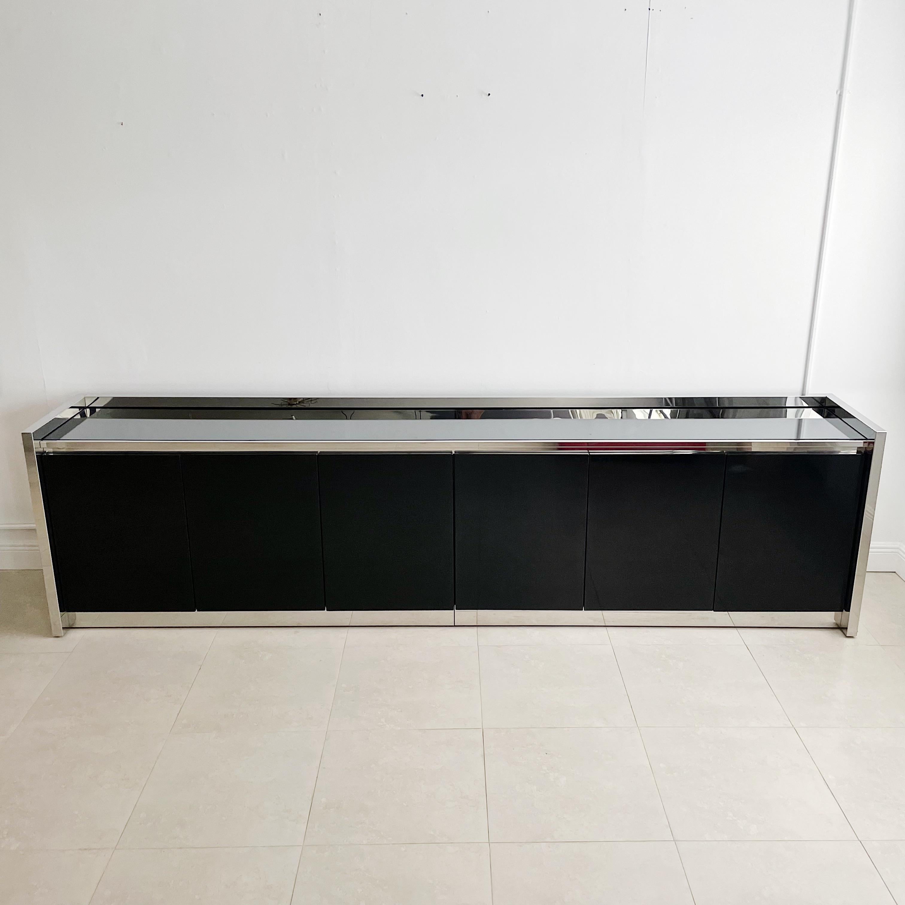 American Karl Springer Stainless and Black Lacquer Six Door Credenza