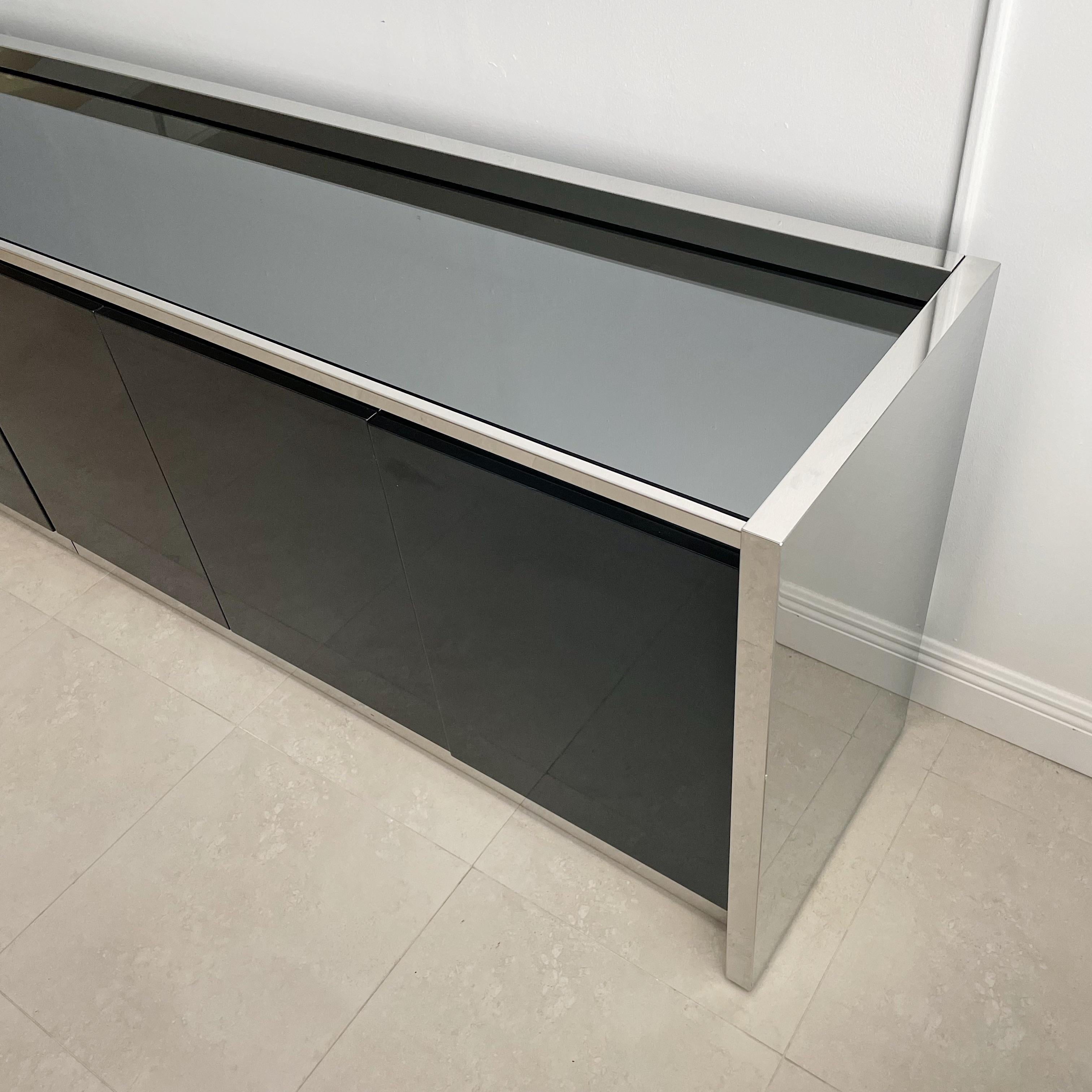 Lacquered Karl Springer Stainless and Black Lacquer Six Door Credenza