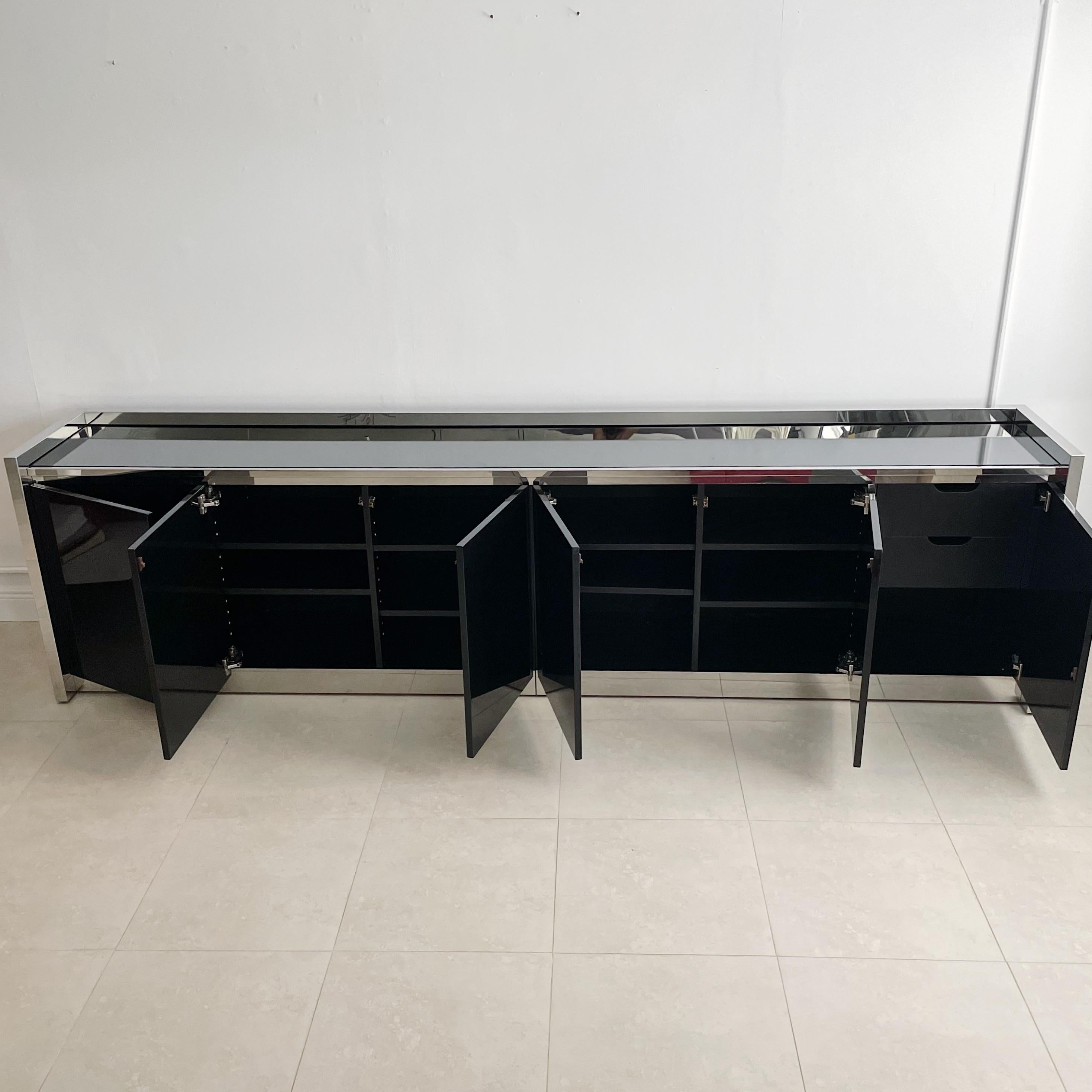 Stainless Steel Karl Springer Stainless and Black Lacquer Six Door Credenza