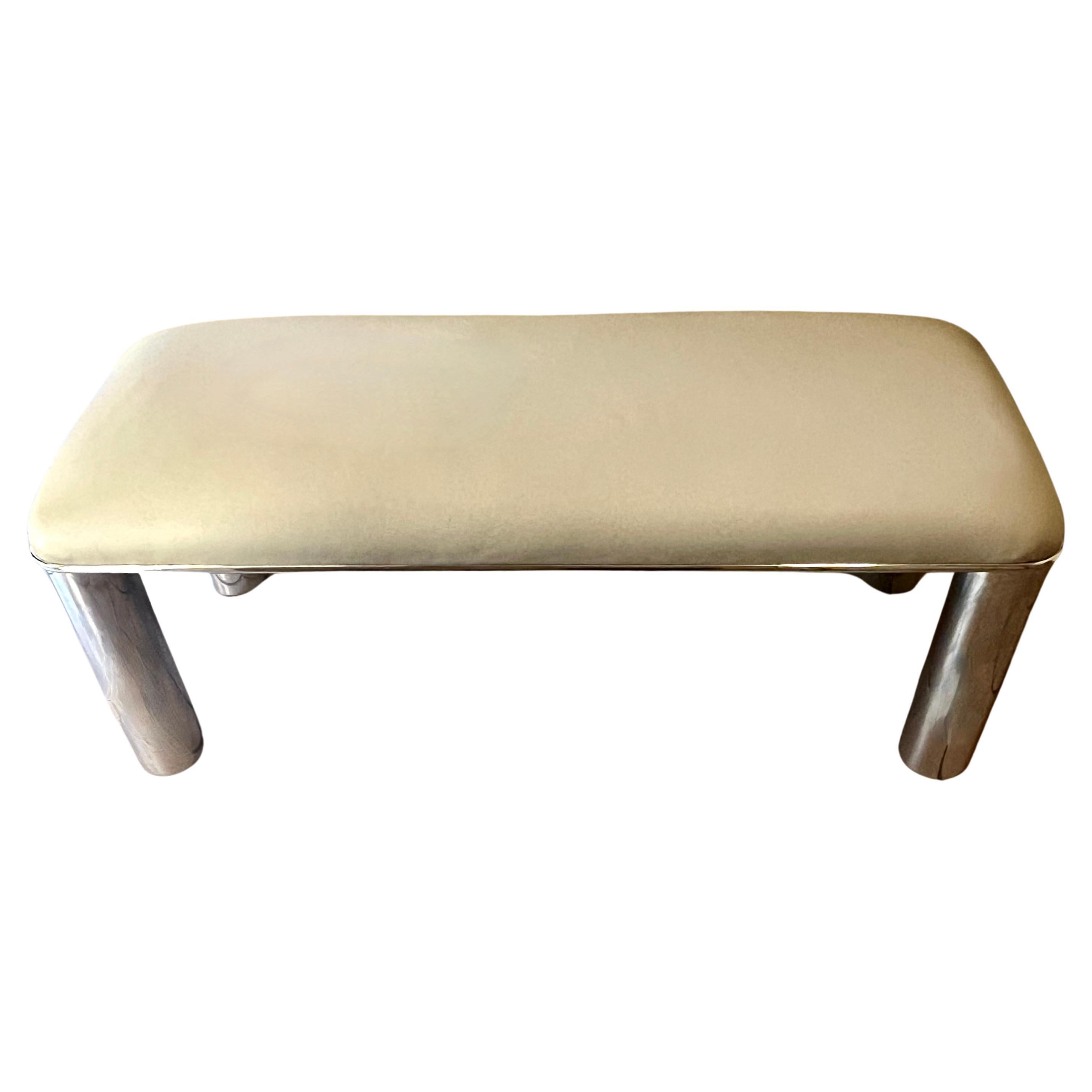 Banc en acier inoxydable et cuir Karl Springer