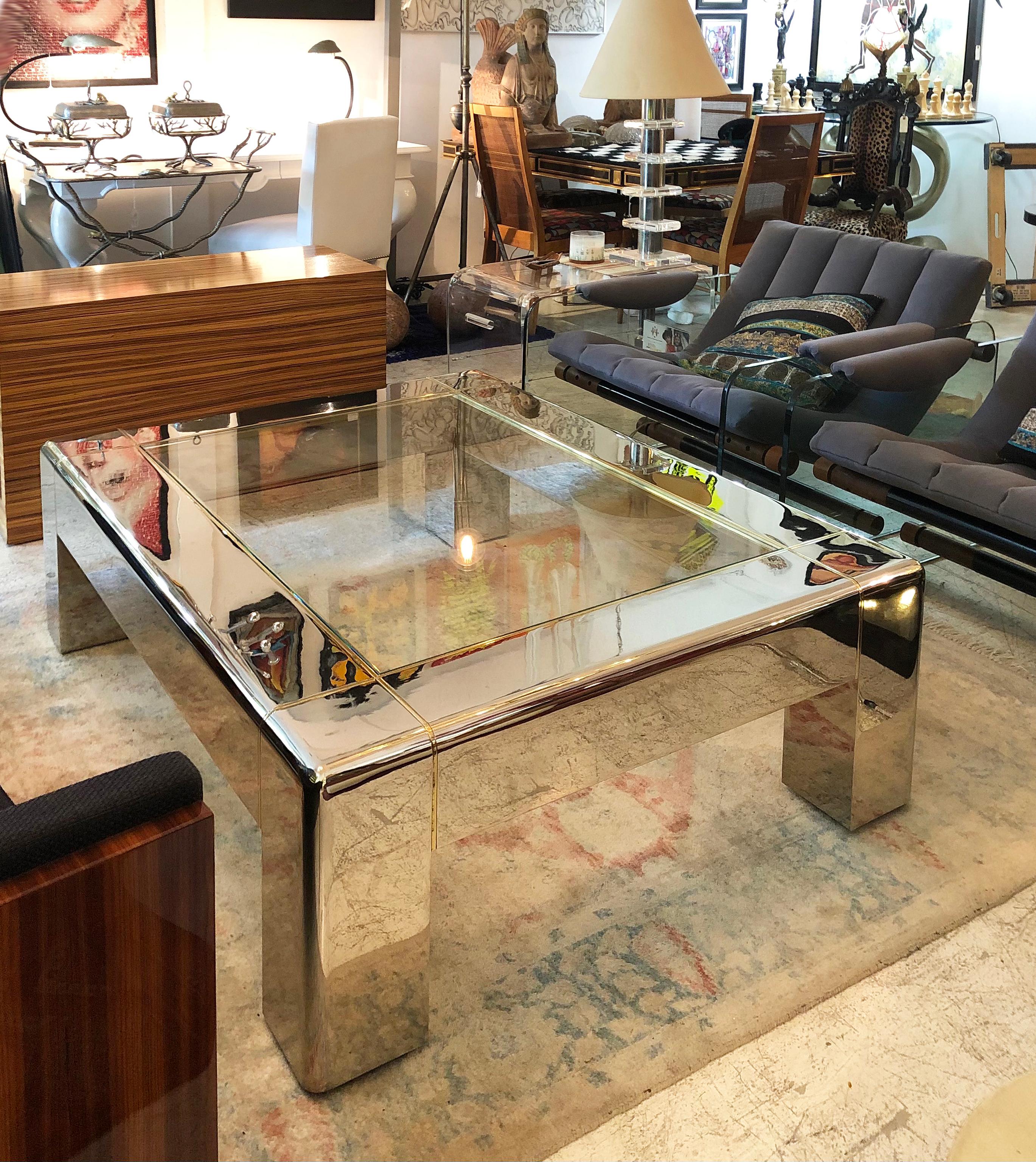 American Karl Springer Stainless Steel Coffee Table with Brass and Glass Top For Sale