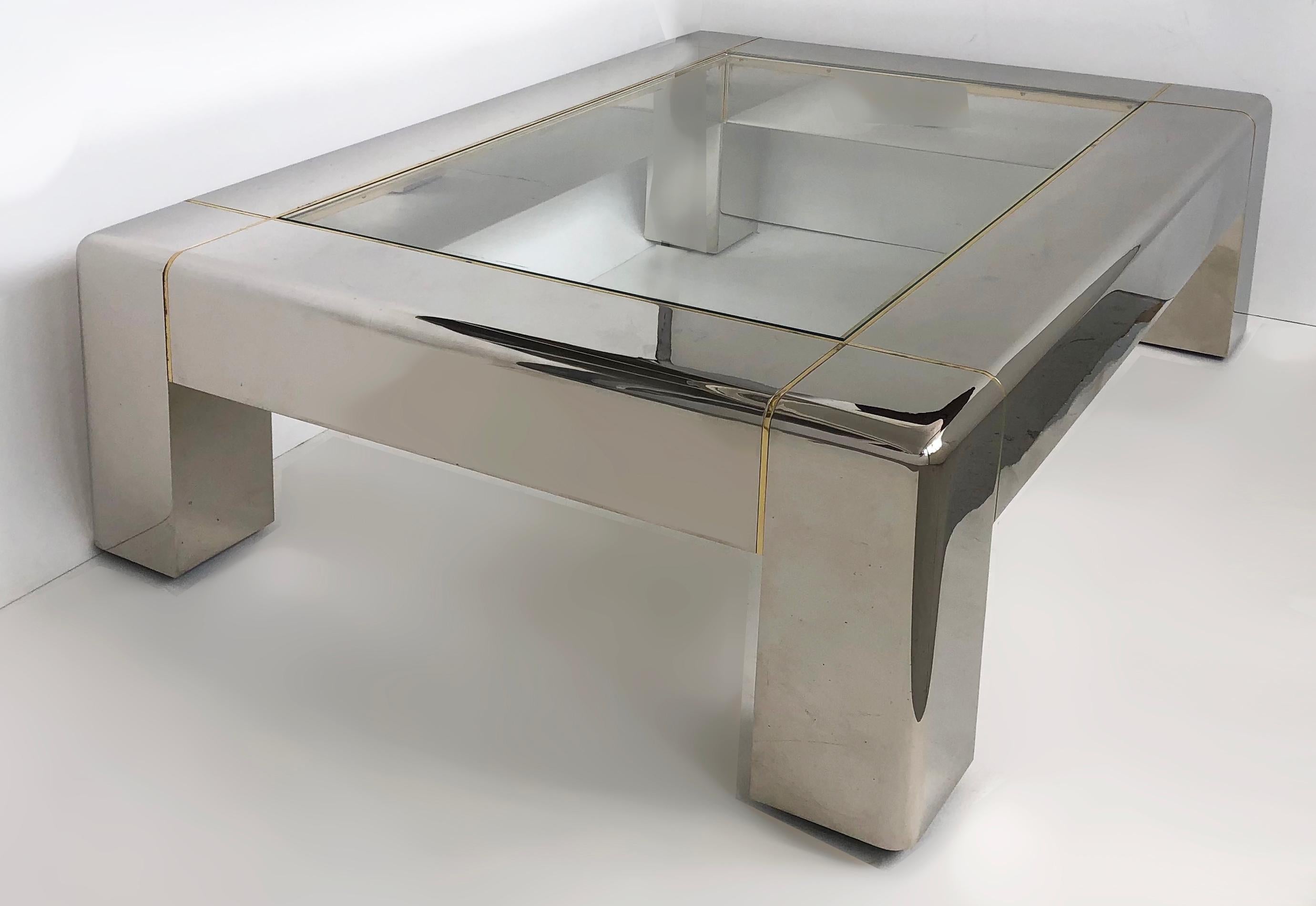 Karl Springer Stainless Steel Coffee Table with Brass and Glass Top In Good Condition For Sale In Miami, FL