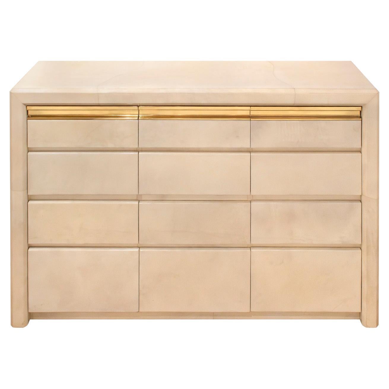 Superbe commode Karl Springer en peau de chèvre laquée des années 1980