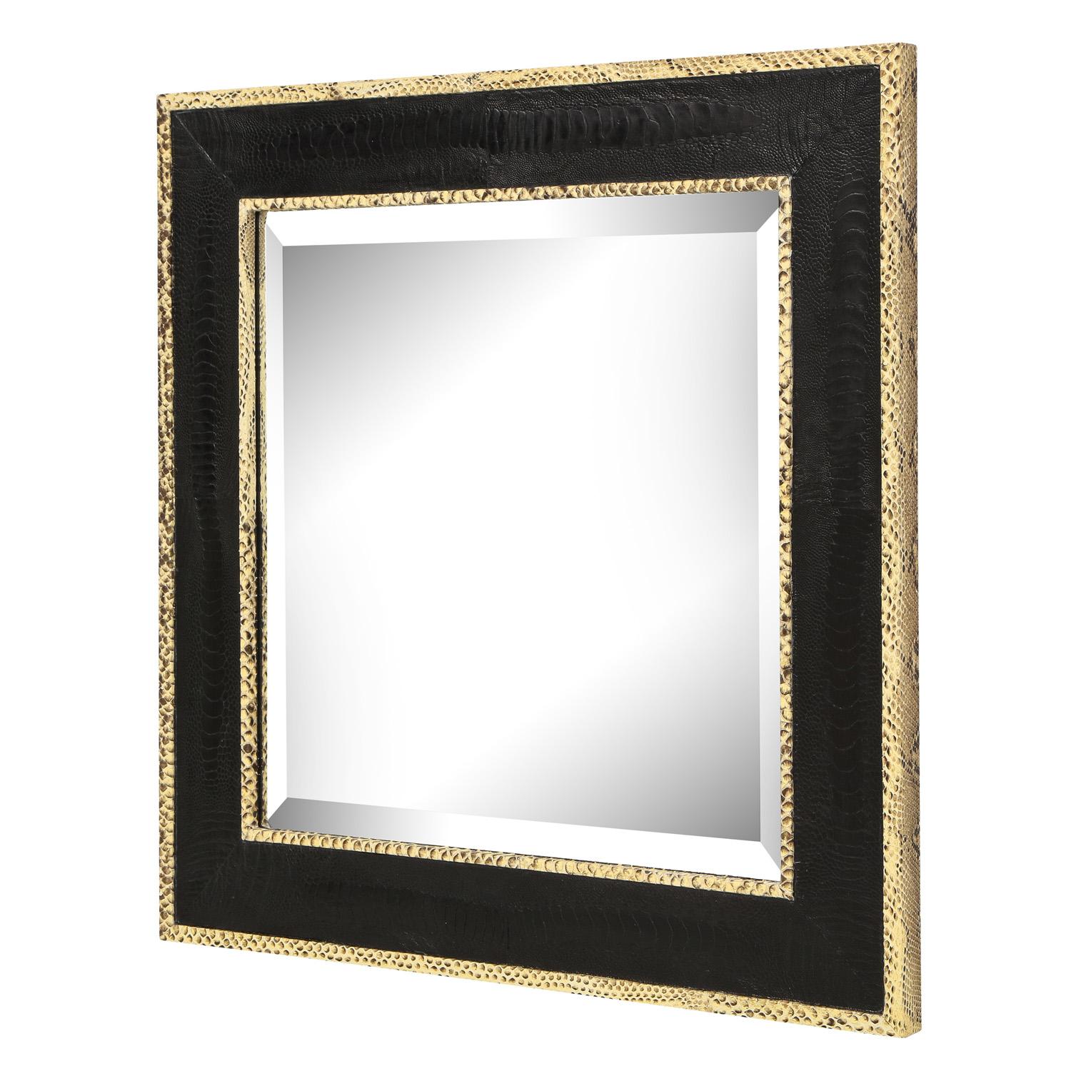 Beautifully crafted mirror with frame in black lizard with interior and exterior edges wrapped in python with beveled mirror by Karl Springer, American 1980's. This mirror exemplified the superlative craftsmanship that made Karl Springer famous.