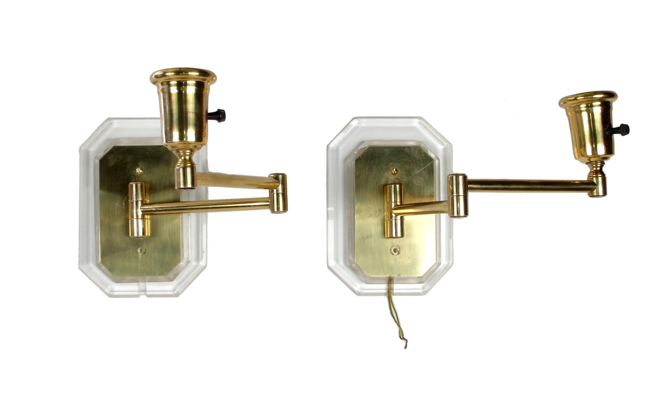 20th Century Pair Karl Springer Style Acrylic and Brass Swing Wall Sconces Mid-Century Modern For Sale