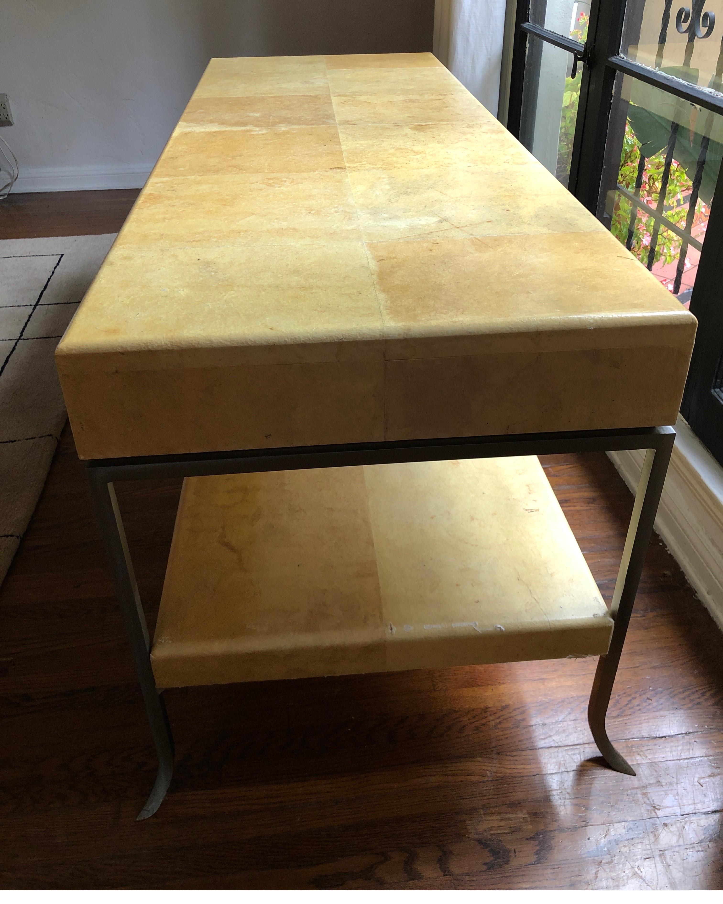 Steel Karl Springer Style Art Deco Parchment Console Table /Credenza