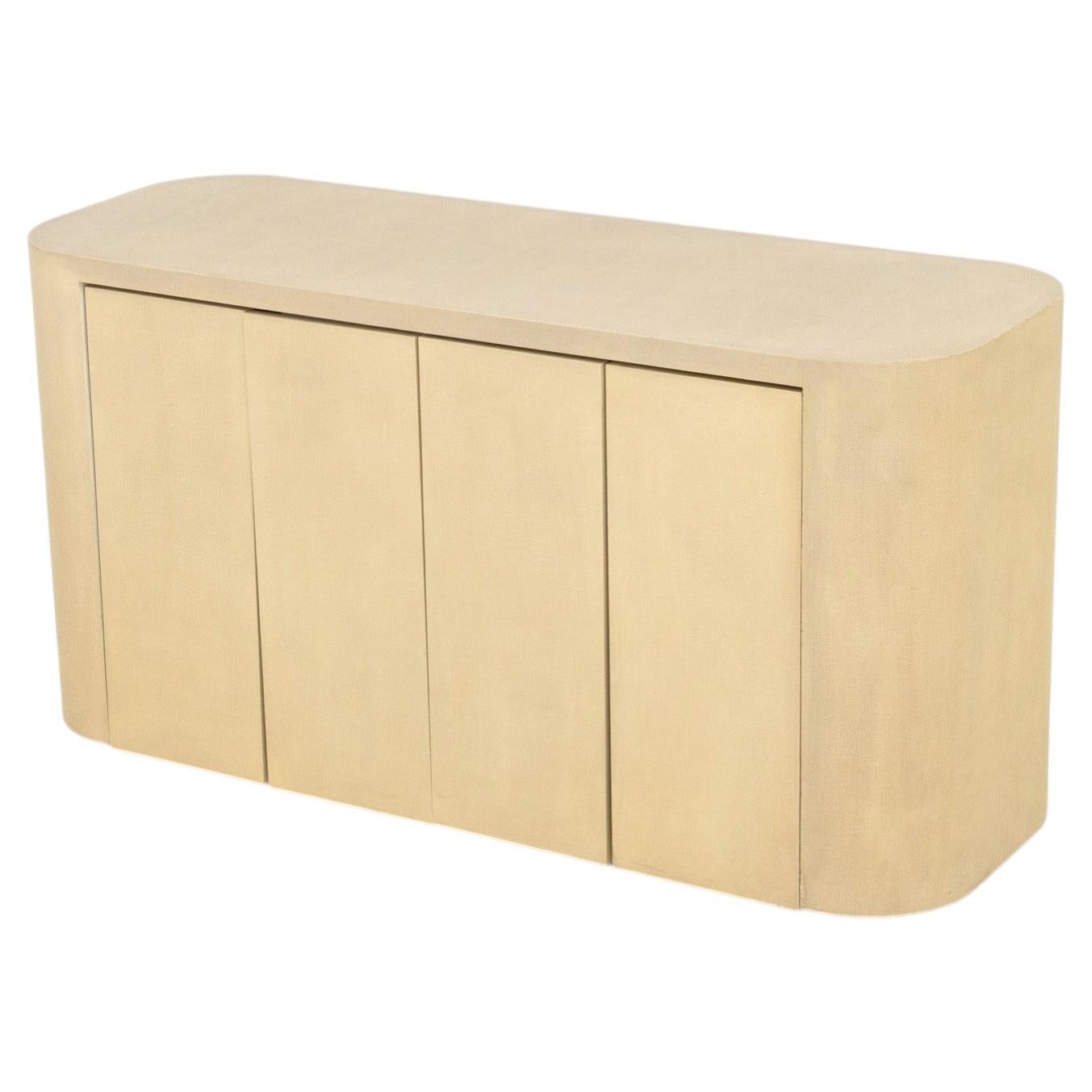 Karl Springer Style Beige Grasscloth Sideboard, Four Doors For Sale