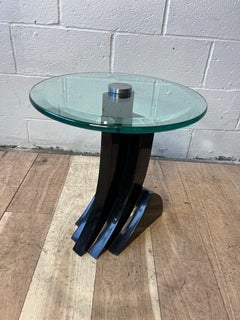 Karl Springer Style Black Lacquer Pedestal Side Table with Glass Top