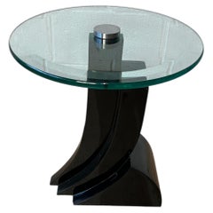 Karl Springer Style Black Lacquer Pedestal Side Table with Glass Top