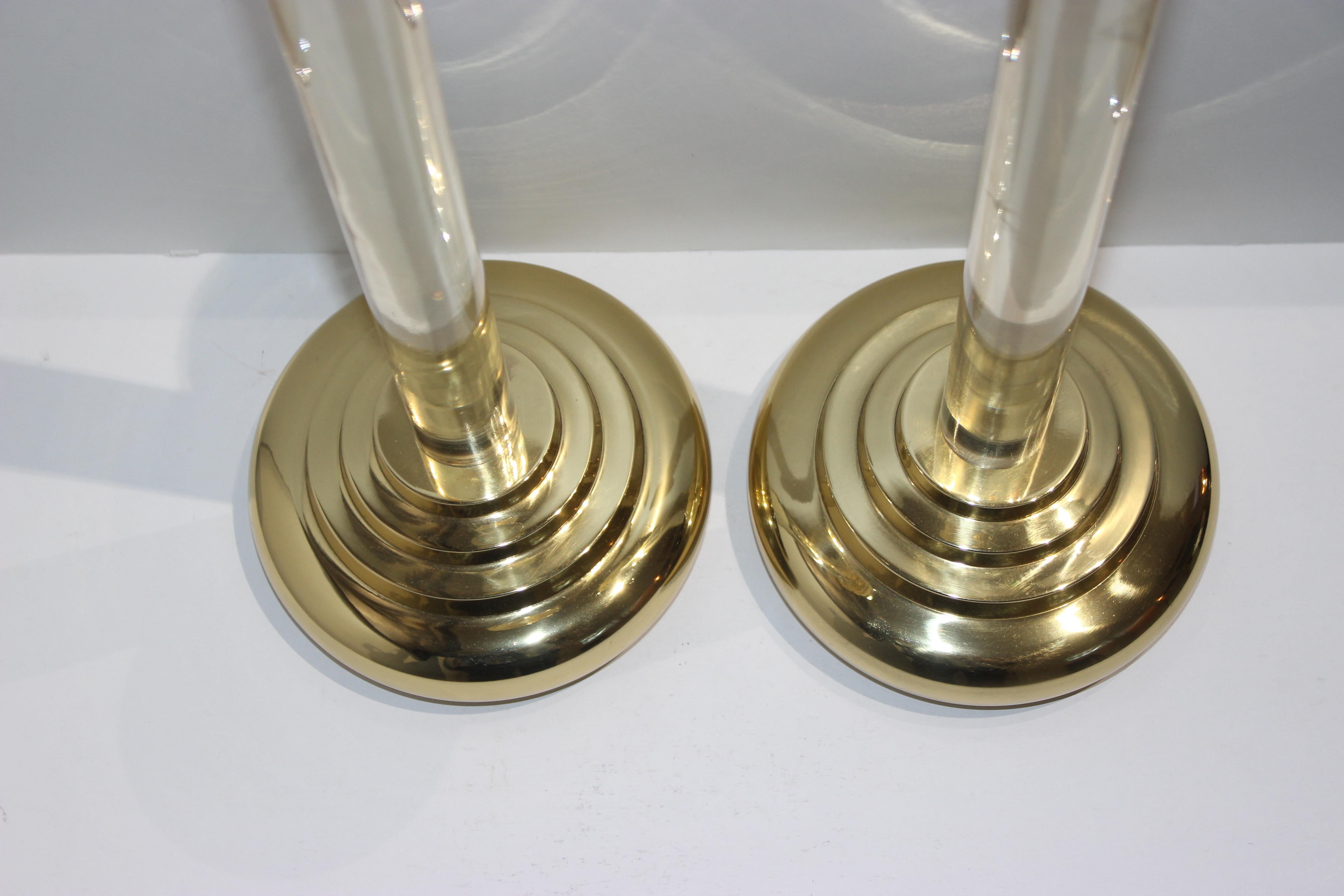 Polished Karl Springer Style Brass and Lucite Candlesticks For Sale
