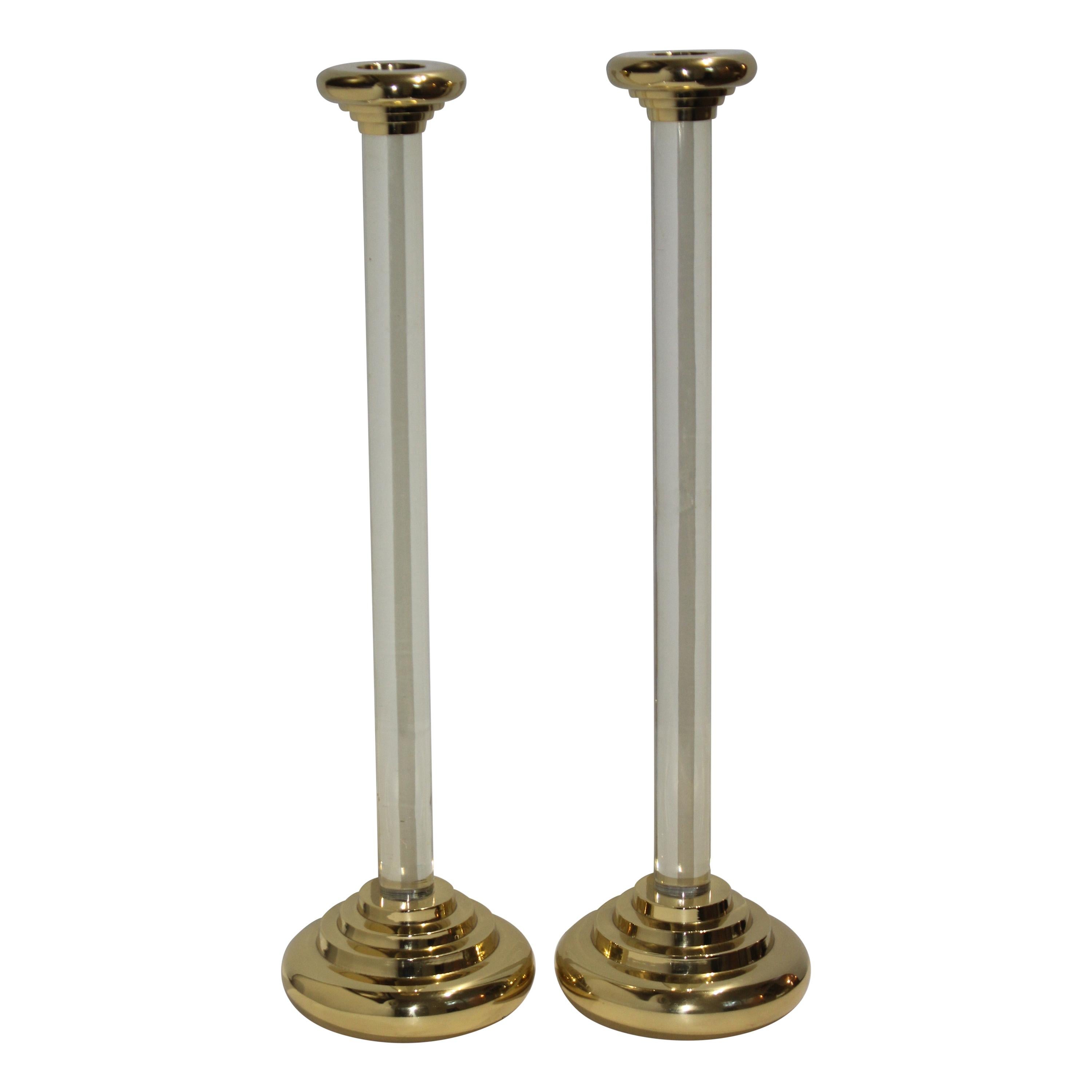 Karl Springer Style Brass and Lucite Candlesticks For Sale