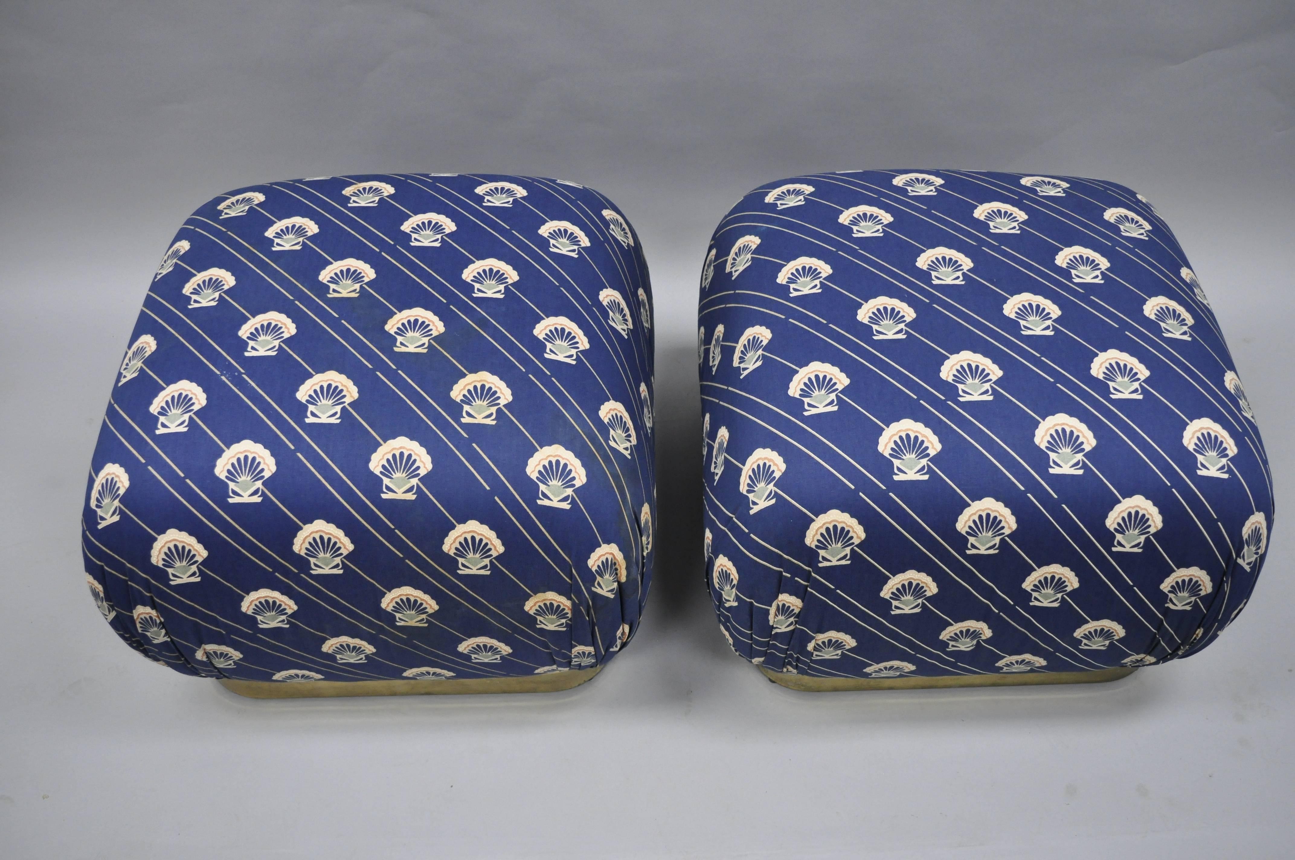 Karl Springer Style Brass Base Upholstered Soufflé Poufs Ottomans, Weiman, Pair 4