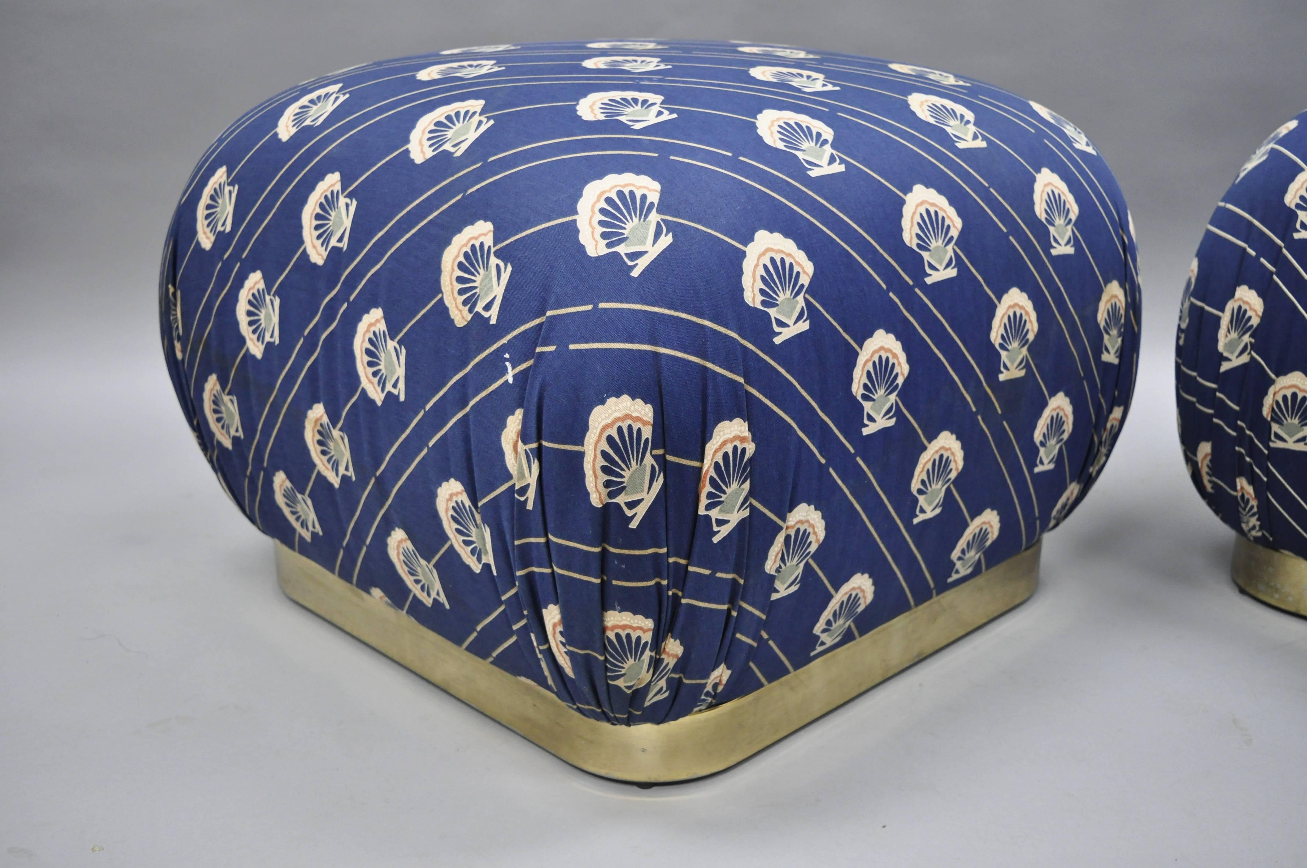 Mid-Century Modern Karl Springer Style Brass Base Upholstered Soufflé Poufs Ottomans, Weiman, Pair