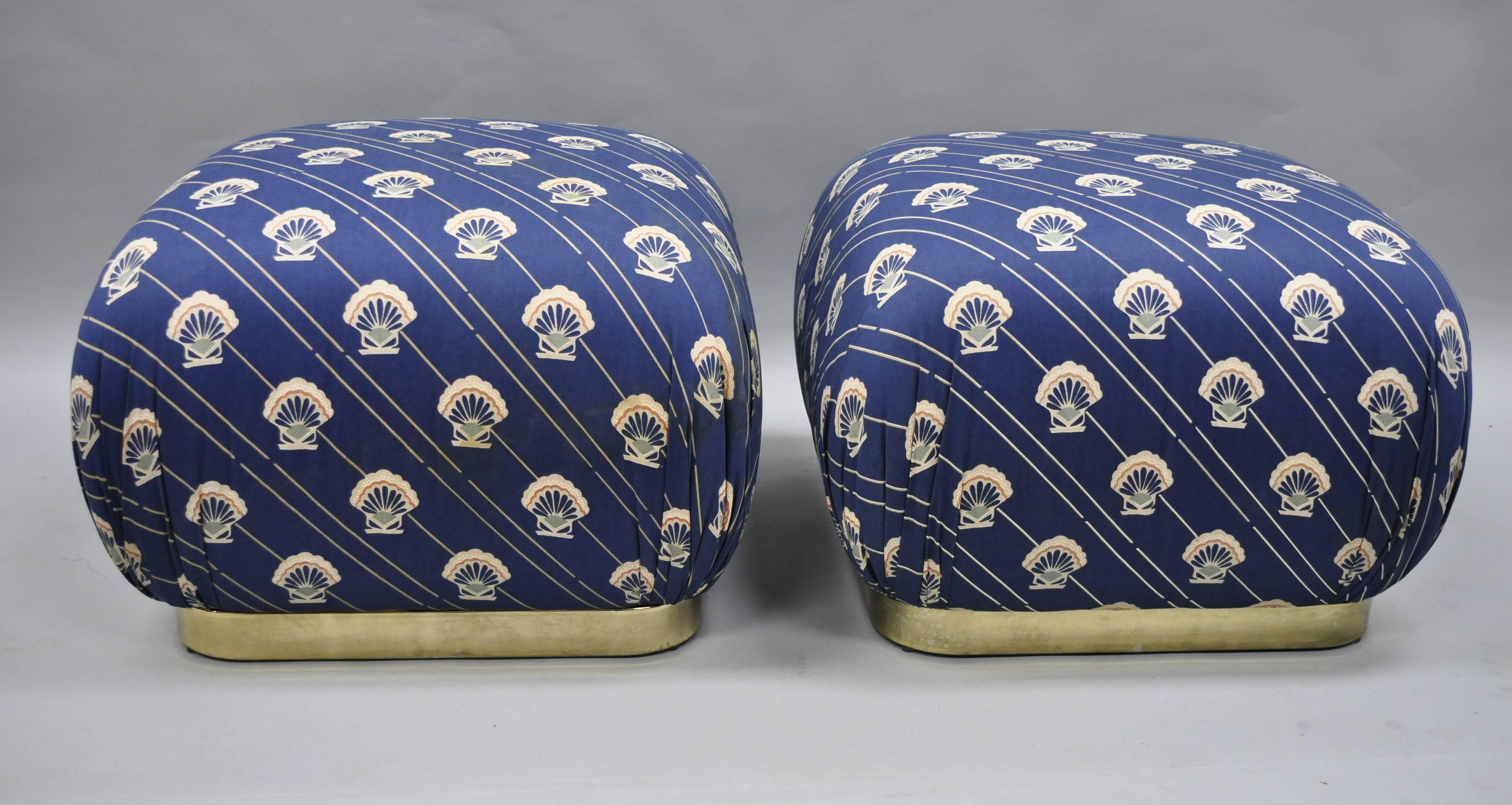 American Karl Springer Style Brass Base Upholstered Soufflé Poufs Ottomans, Weiman, Pair