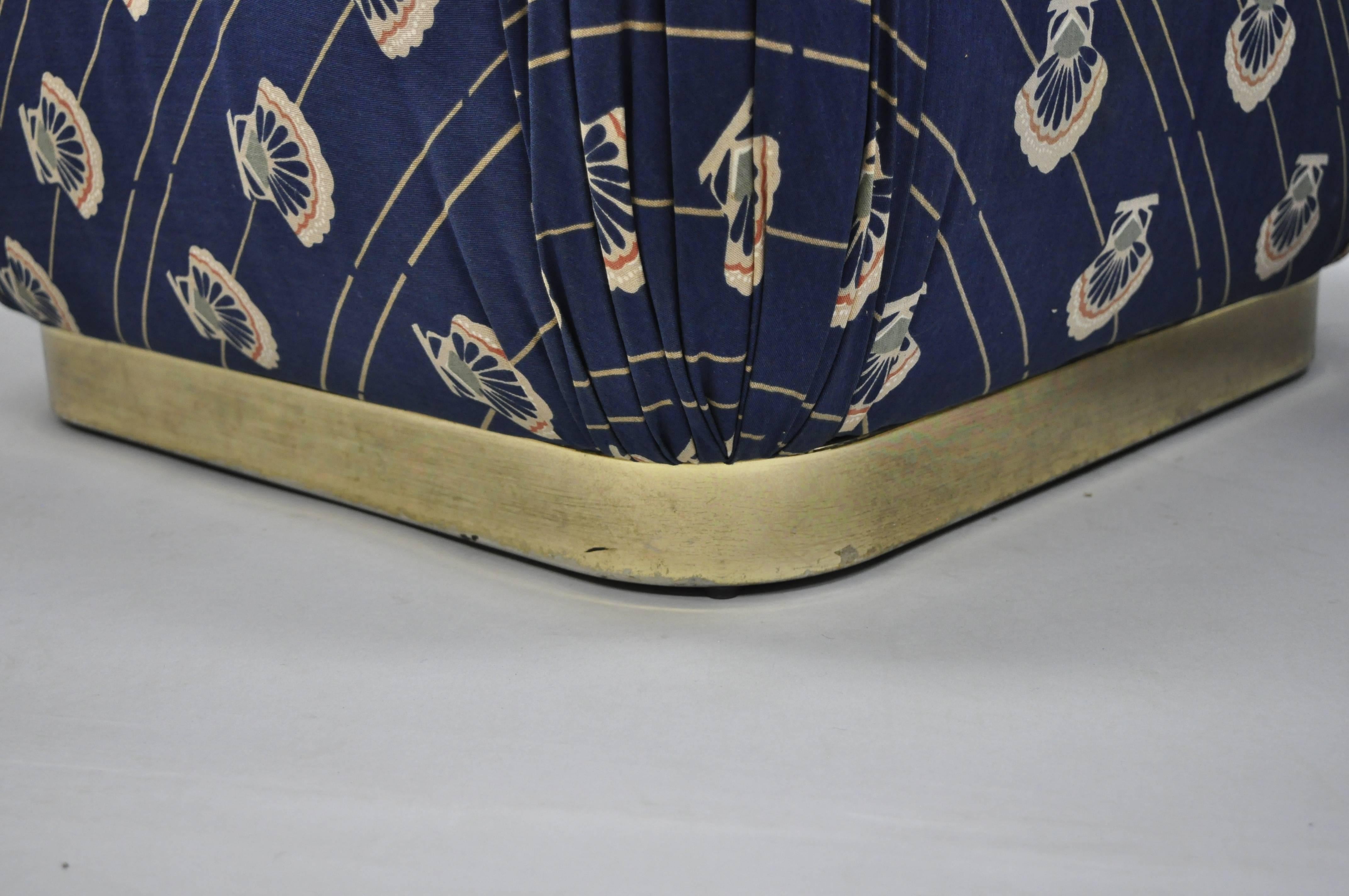 Karl Springer Style Brass Base Upholstered Soufflé Poufs Ottomans, Weiman, Pair 2