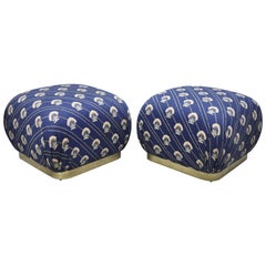 Karl Springer Style Brass Base Upholstered Soufflé Poufs Ottomans, Weiman, Pair
