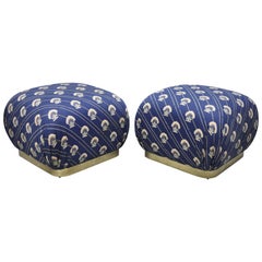 Karl Springer Style Brass Base Upholstered Soufflé Poufs Ottomans, Weiman, Pair