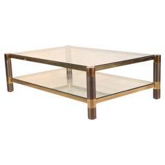 Vintage Karl Springer Style Brass & Bronze Tone Two Tier Glass Coffee Table