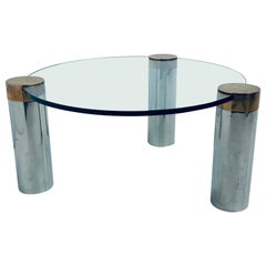 Karl Springer Style Chrome and Patinated Brass with Glass Top Coffee Table