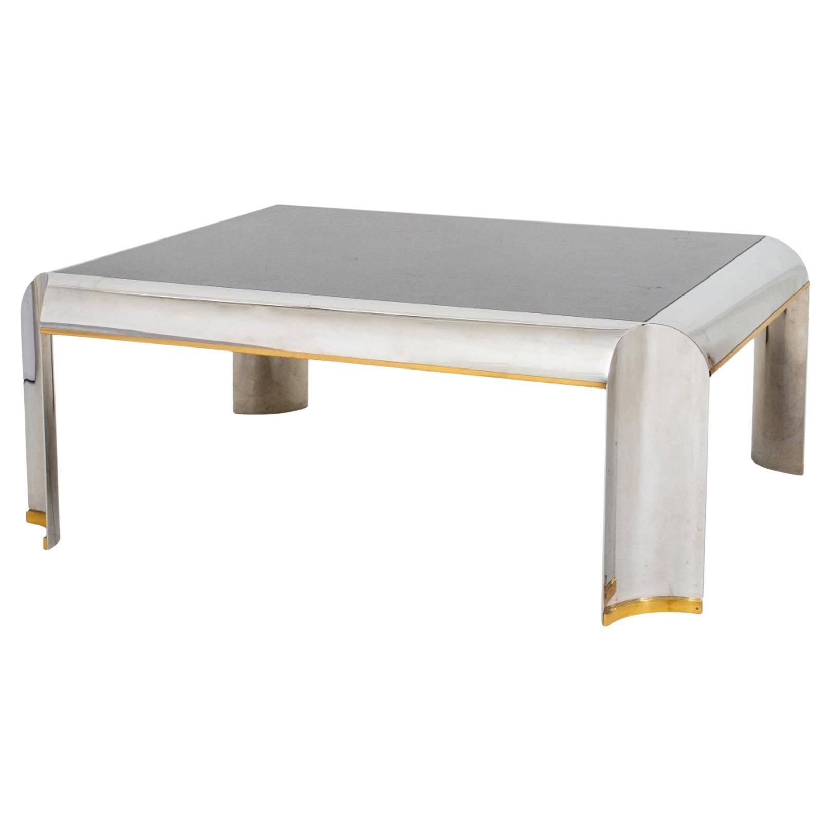 Karl Springer Style Chrome Marble Top Coffee Table For Sale