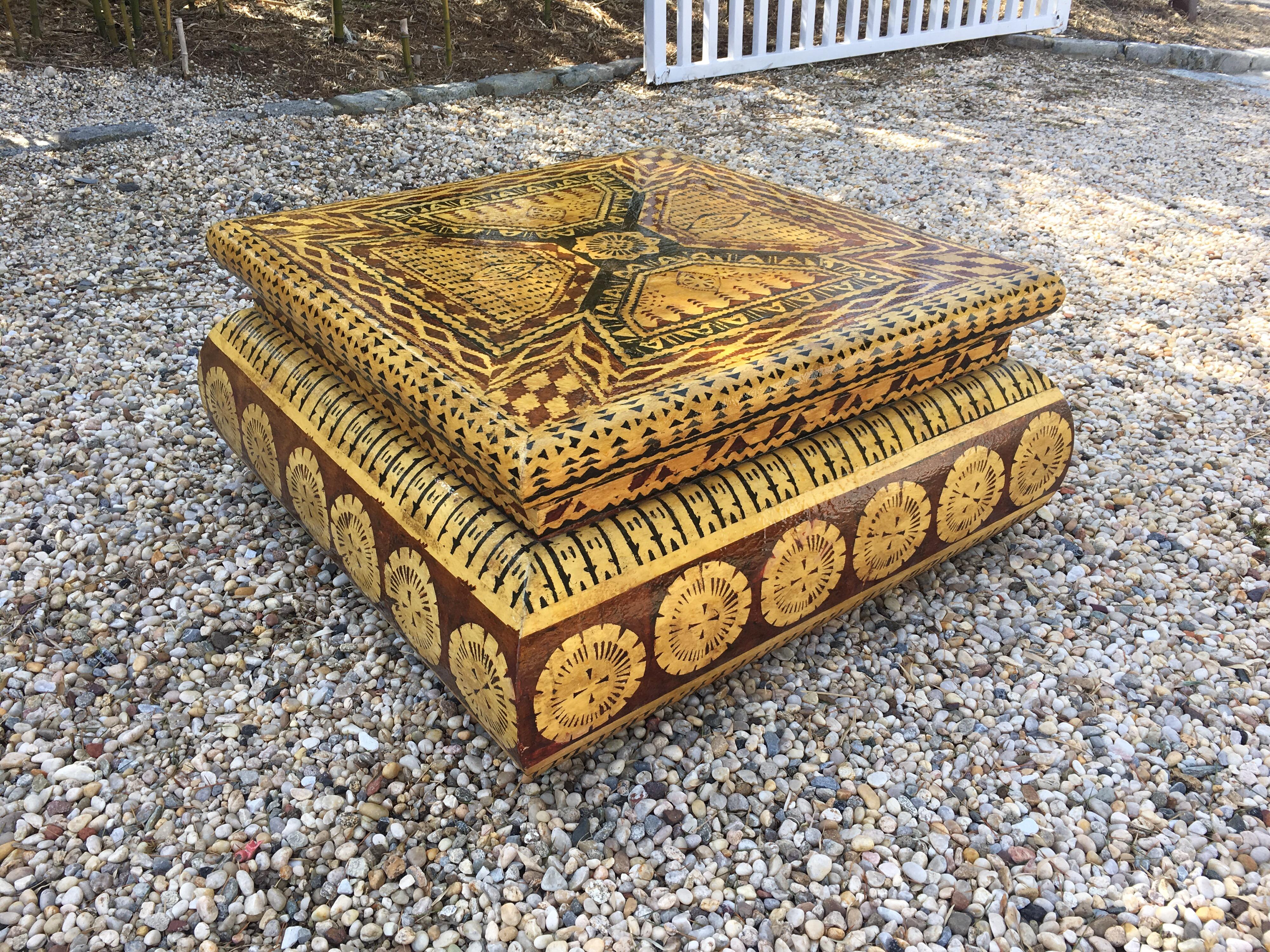 Karl Springer style coffee table in lacquered Batik finish. Unsigned. Minor wear/cracks from use.