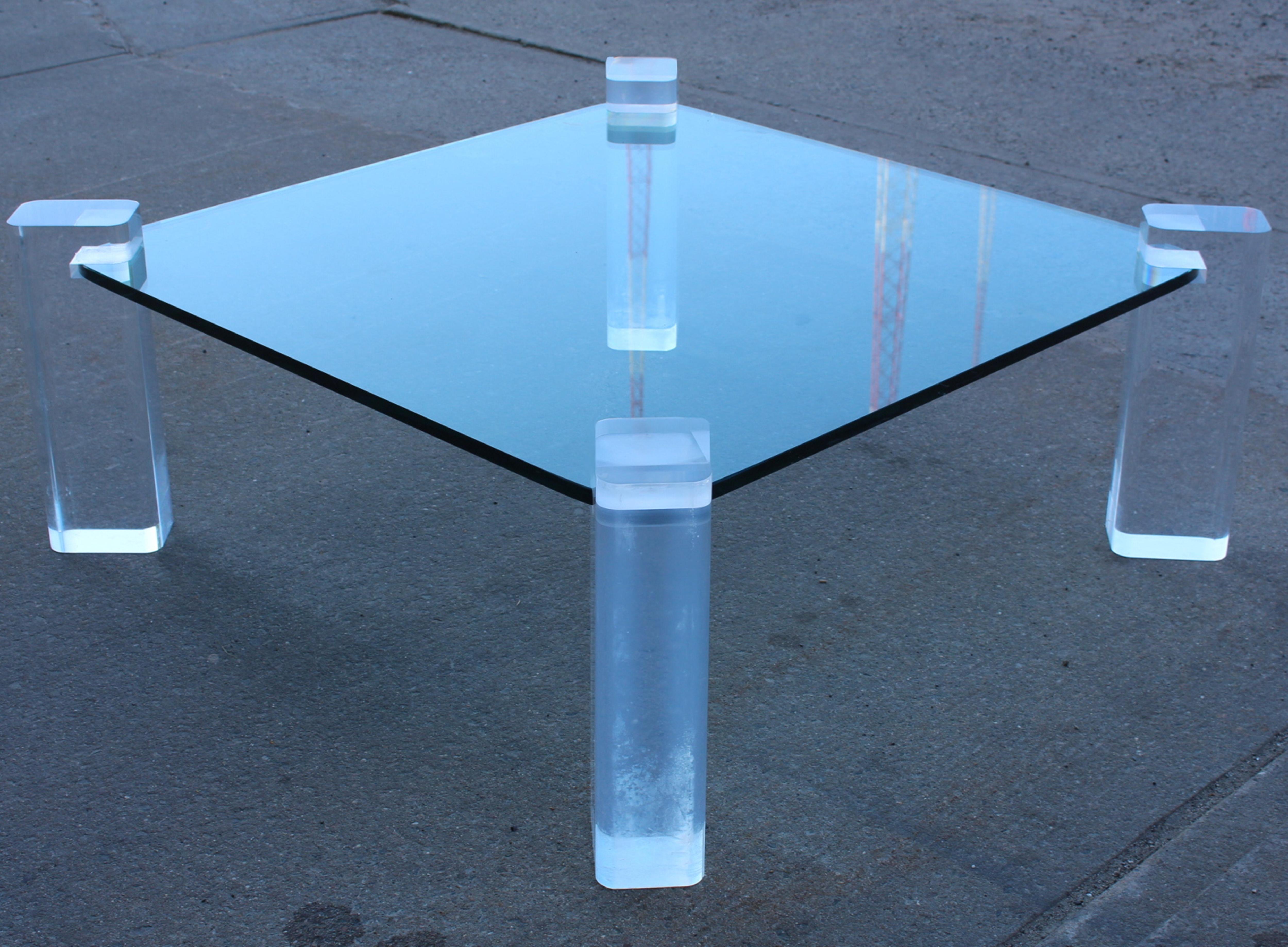 Mid-Century Modern Karl Springer Style Coffee Table with Lucite Block Legs and Glass Top
