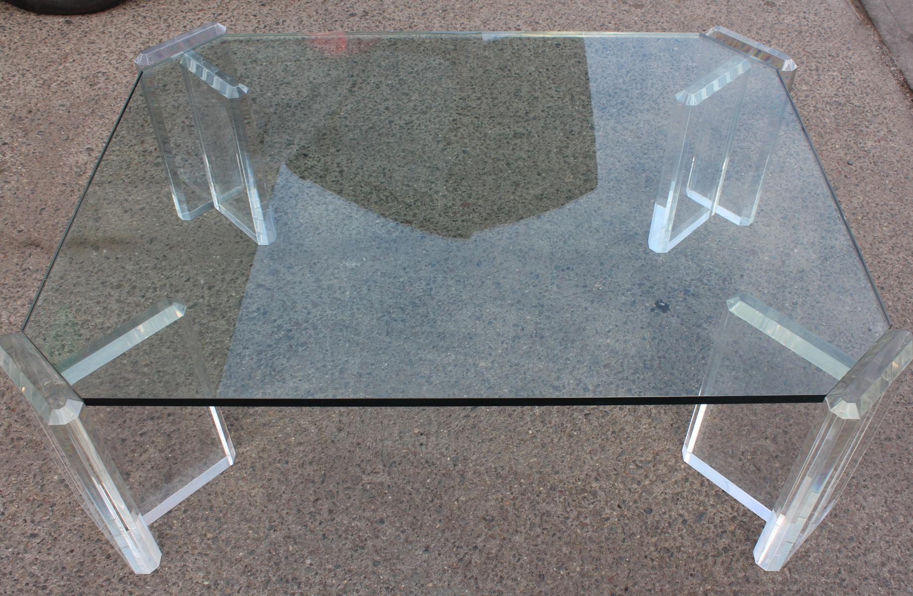 American Karl Springer Style Coffee Table with Lucite Block Legs and Glass Top