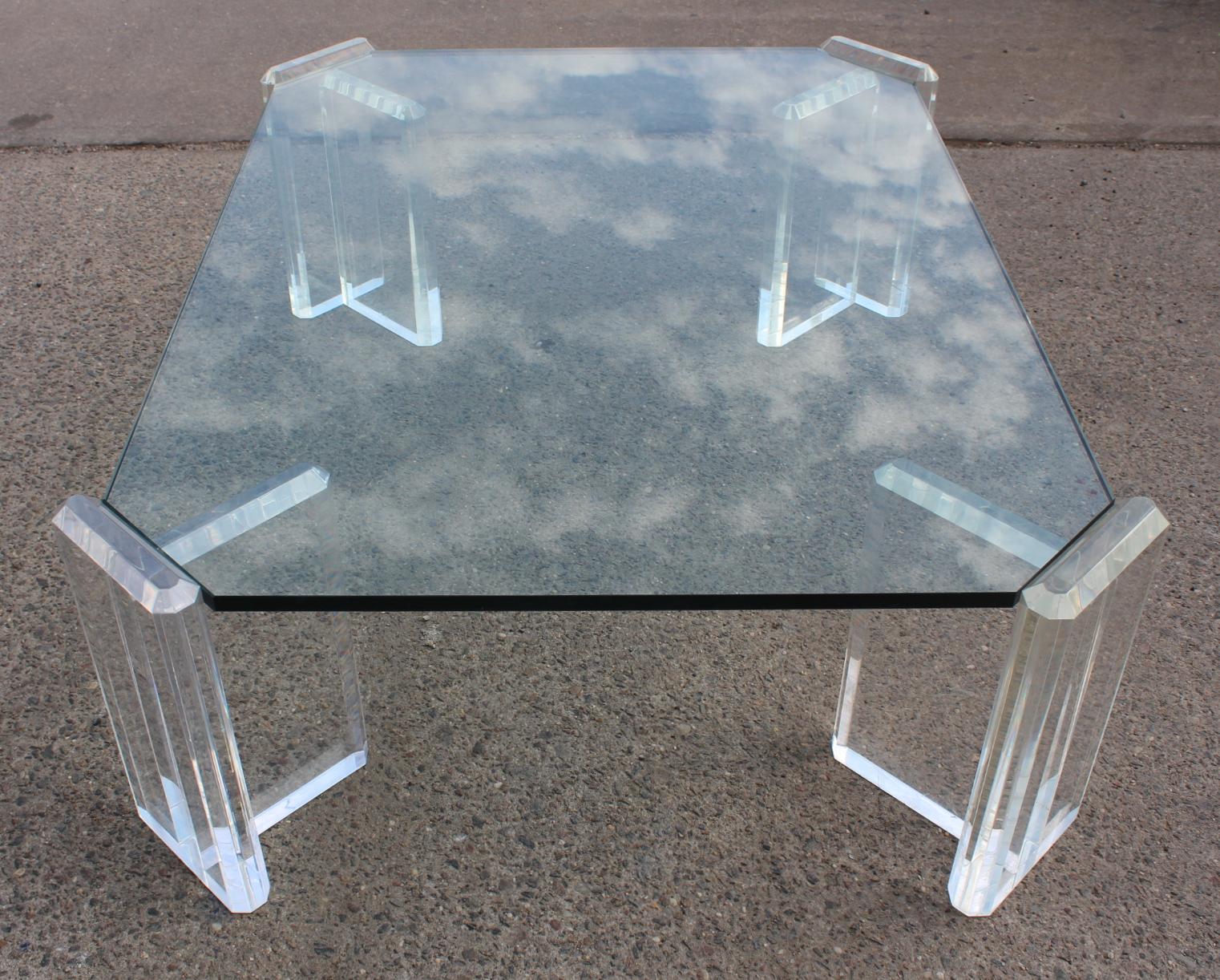 Karl Springer Style Coffee Table with Lucite Block Legs and Glass Top In Good Condition In New York, NY